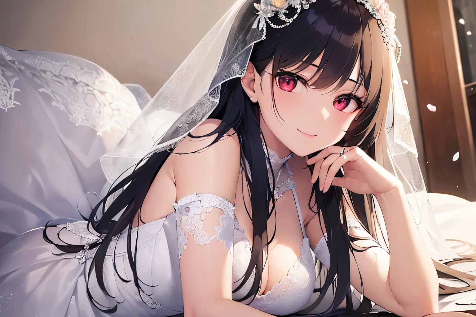 cinematic angle, high quality、masterpiece、Realistic, real person, RAW photo, photorealistic, portrait photography, shiny skin, japanese idol、shiny hair、(25 year old woman with black bangs) and (long hair) and (red eyes), curvy, wedding veil、(short sleeve wedding dress:1.3), smile, The background is a church