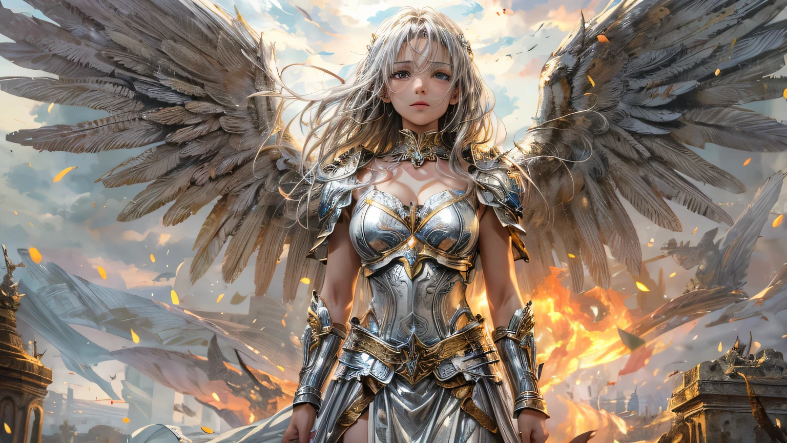 4K, ((very delicate))realistic, high resolution, soft light,1 woman, alone, ((burning castle background)), look at the viewer, (detailed face), ((Close-up from waist to face)) I fell to my knees after losing the angel war.., ((Archangel Michael)), ((woe, rage, tear)), long hair, silver hair, big bust, Beautiful girl, bikini, golden angel armor, ((An old silver sword stuck on the floor)),