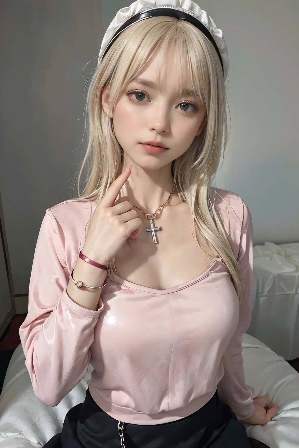 (best quality, 8k, high resolution, lifelike:2.0), (alone, a girl:2.0),(light: front),(light: strong),(Beauty:2.0),(very muscular girl:1.5),(健Beauty孩:1.5),(shiny skin:1.5),(oily skin:1.5),(platinum blonde:1.5),(church location),(((Midi skirt, long sleeves nun wearing tight clothes))),(wearing white),(wear black:1.1)blush brown makeup , dark eye makeup , Use pink glossy lipstick, Wear a cross necklace, ((restraint, )), ((restraint with handcuffs:1.2)),((quilt)),