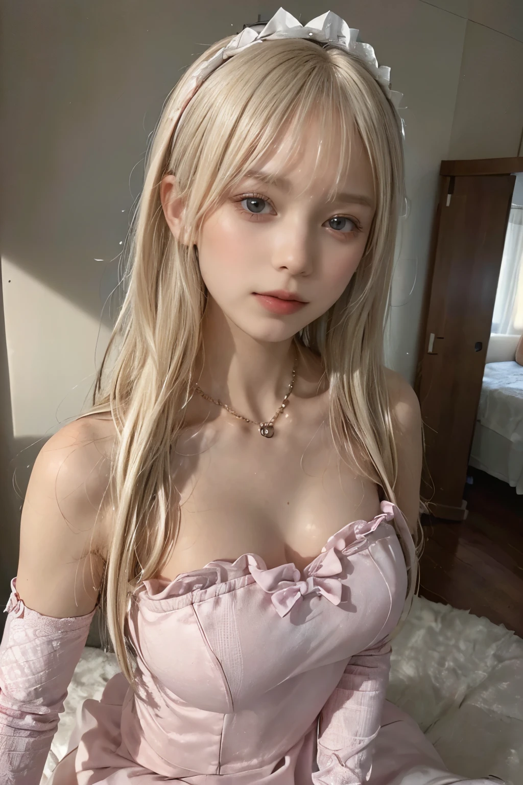 (best quality, 8k, high resolution, lifelike:2.0), (alone, a girl:2.0),(light: front),(light: strong),(Beauty:2.0),(very muscular girl:1.5),(健Beauty孩:1.5),(shiny skin:1.5),(oily skin:1.5),(platinum blonde:1.5),(church location),(((Midi skirt, long sleeves nun wearing tight clothes))),(wearing white),(wear black:1.1)blush brown makeup , dark eye makeup , Use pink glossy lipstick, Wear a cross necklace, ((restraint, )), ((restraint with handcuffs:1.2)),((quilt)),