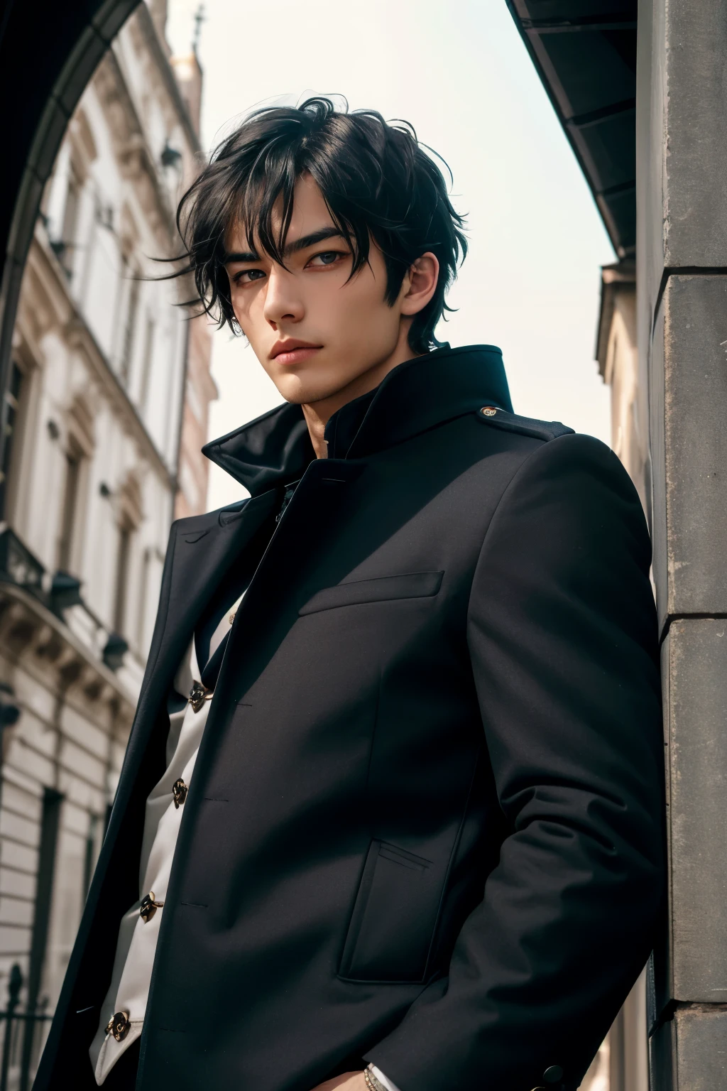 ((best quality)), ((masterpiece)), (detailed), perfect face,Shorthair,With bangs,detailed hair,Dark double eyelids,Blue eyes,Small Eyes,muscular,Black long coat,black muscle armor,black pants,european man 1,Mysterious background,androgynous charm,Handsome,