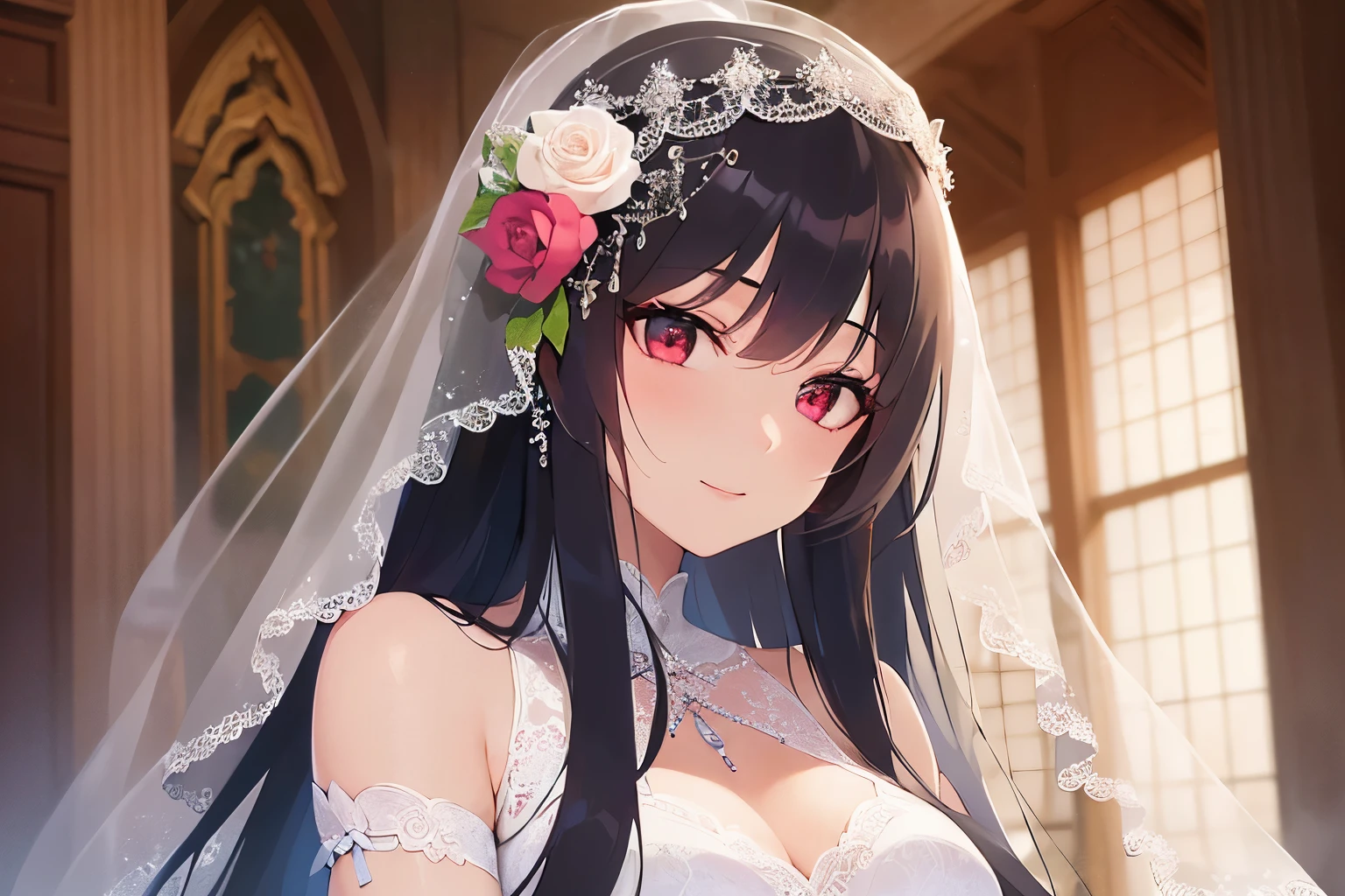 dutch angle, high quality、masterpiece、Realistic, real person, RAW photo, photorealistic, portrait photography, shiny skin, japanese idol、shiny hair、(25 year old woman with black bangs) and (long hair) and (red eyes), curvy, wedding veil、(short sleeve wedding dress:1.3), smile, The background is a church