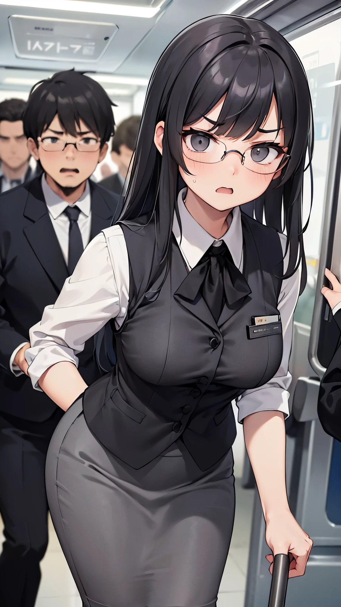 ((masterpiece)), ((best quality)), (ultra-detailed),detailed face, realistic, portrait, high-quality, detailed,Woman,black rim glasses,black hair,crowded train,on the train,,grope,chikan,,molested,molestation,,anguish,scared,kubrick stare, annoyed, ,breast grab, (((gray_business suit vest))),
(((gray_business_suit_skirt))),
(((gray_pencil_Skirt,))), small brest, small ,breast grab,secretary,povbreastgrab, pov hands, breast grab