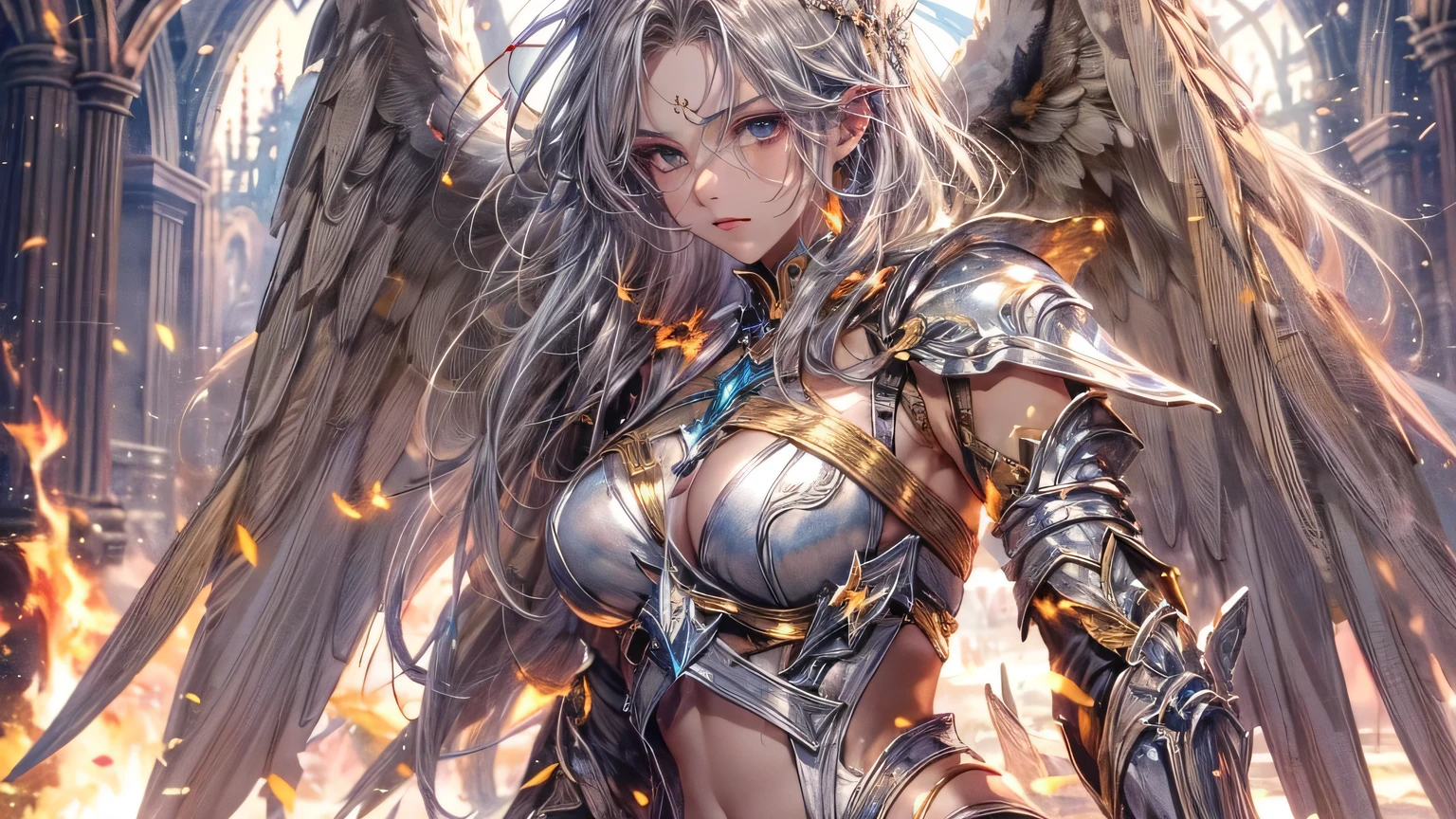 4K, ((very delicate))realistic, high resolution, soft light,1 woman, alone, ((burning castle background)), look at the viewer, (detailed face), ((Close-up from waist to face)) I lost the angel war and fell to my knees..., ((Archangel Michael)), ((woe, rage, tear)), long hair, silver hair, big bust, Beautiful girl, ((importance)) bikini, golden angel armor, ((An old silver sword stuck on the floor)),