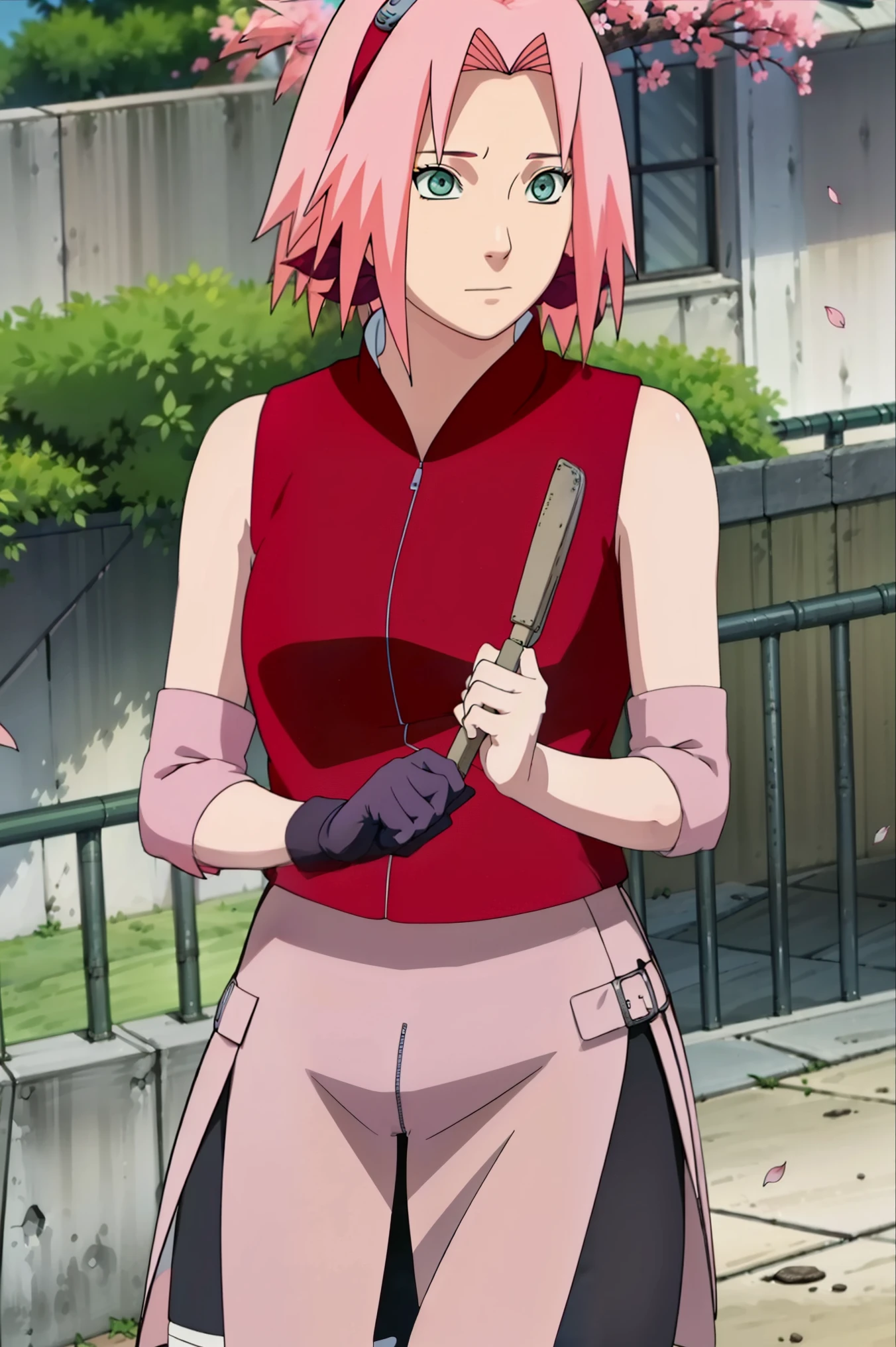 High-quality, ultra-detailed, realistic artwork of a scene from "Sakura Shippuden" with vivid colors, perfect for 4K or 8K resolutions. The scene depicts Sakura Haruno, a young woman, standing gracefully in a garden surrounded by blooming sakura (cherry blossom) trees. She is wearing a red jacket embroidered with the symbol of Konohagakure, the Hidden Leaf Village. Her leg is bandaged, indicating a recent injury. Sakura is wearing a short skirt and toeless footwear, emphasizing her femininity and agility.

Sakura has shoulder-length bangs that softly frame her face, revealing her beautiful, green eyes. Her face is adorned with a forehead protector, which bears the Konohagakure symbol, signifying her allegiance to her village. The artwork showcases Sakura's attention to detail, including her long eyelashes, detailed lips, and delicate features, capturing her determination and inner strength.

The lighting in the scene is soft and warm, casting a gentle glow on the petals of the sakura blossoms. The vibrant colors of the cherry blossoms contrast against Sakura's black short sleeves and gloves, adding depth to the composition. The overall color scheme leans towards pastel tones, enhancing the serene and tranquil atmosphere of the garden.

This masterpiece artwork aims to capture the essence of Sakura Haruno's character, portraying her as a confident, skilled kunoichi amidst the delicate beauty of the sakura garden. The attention to detail, vibrant colors, and realistic rendering will bring this scene to life, evoking the spirit of "Sakura Shippuden" in a visually stunning manner.