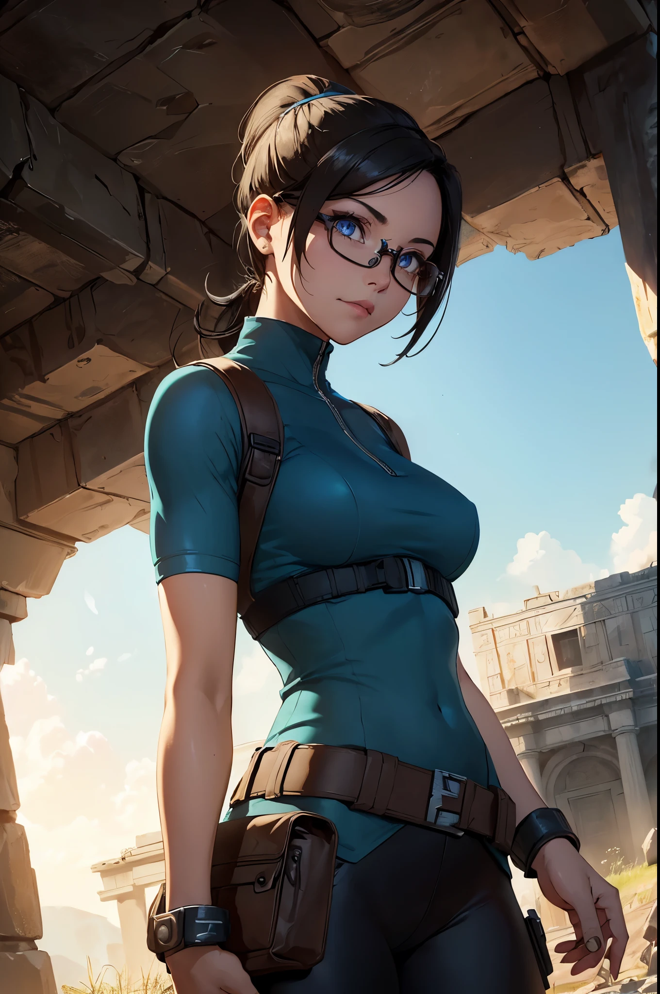 ((landscape of an ancient tomb)), a beautiful young explorer girl stands in the picture, ((wearing a Jill Valentine outfit)), long black hair in a ponytail, ((wear glasses))