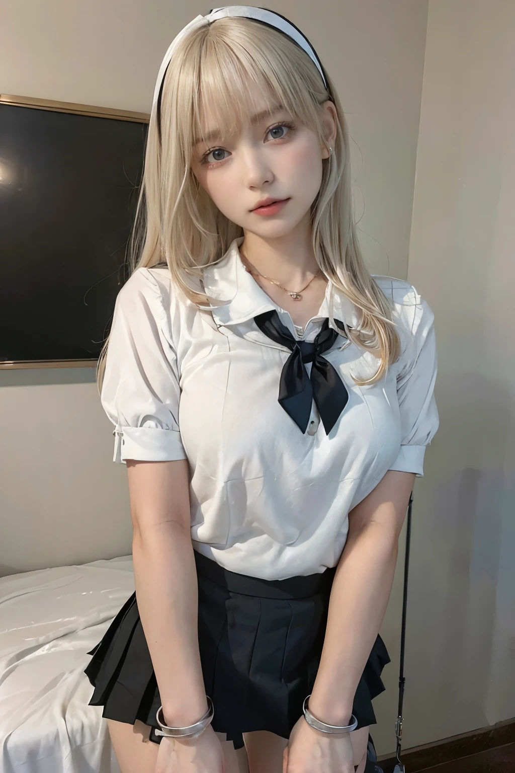 (best quality, 8k, high resolution, lifelike:2.0), (alone, a girl:2.0),(light: front),(light: strong),(Beauty:2.0),(very muscular girl:1.5),(健Beauty孩:1.5),(shiny skin:1.5),(oily skin:1.5),(platinum blonde:1.5),cute schoolgirl, Japanese school girl uniform, wearing japanese school uniform, japanese school uniform, a hyperrealistic schoolgirl, Dress up as a schoolgirl, hyperrealistic schoolgirl, Wearing school uniform, realistic schoolgirl, girl wearing, Wearing school uniform, ,(wearing white),(wear black:1.1)blush brown makeup , dark eye makeup , Use pink glossy lipstick, Wear a cross necklace, ((restraint, )), ((restraint with handcuffs:1.2)),((quilt)),