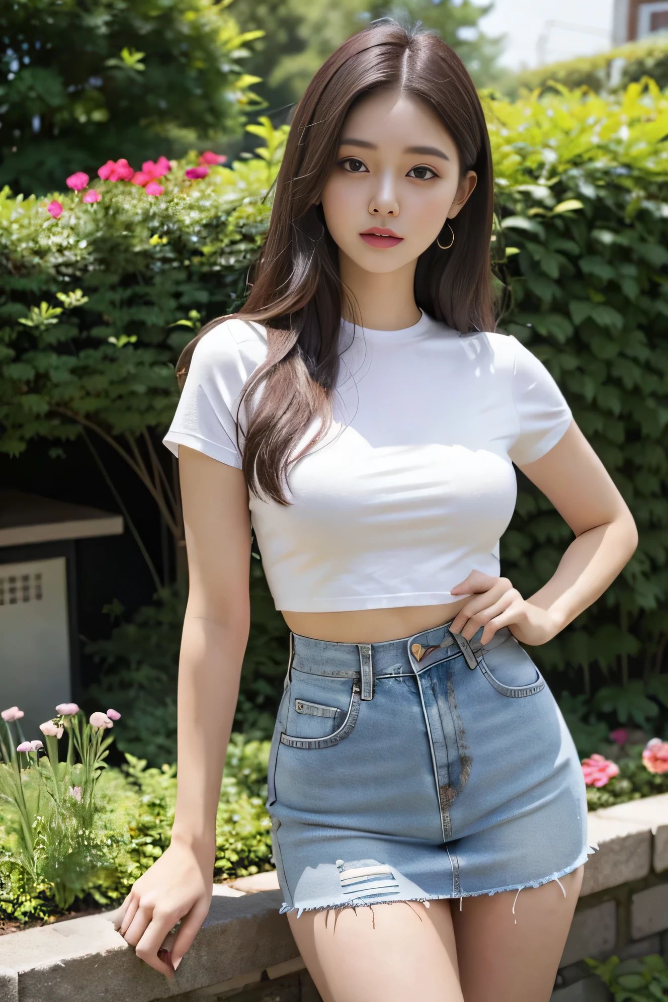 Girl in white good and tight denim skirt posing for photo, whole body, cropped t-shirt and, good, because I'thin, big bust, slim girl model, 24 year old female model,facing forward、Dark brown、garden