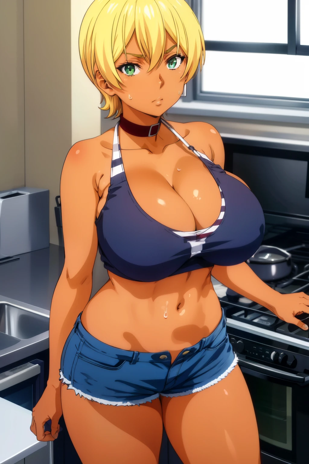 expensive body, expensive, long legs, mature female, mature, adult, Halberd_Ikumi, 1 girl, chest, blonde hair, alone, green eyes, black skin, 浅black skinの女性, short hair, shorts, Sweat, belly button, large chest, Ahoge, cleavage, put your hand on your waist, short shorts, abdomen, looking at the viewer, denim shorts, denim, collar, tank top, kitchen, indoors, crop top, stove, open fly, cowboy shot, window, blue shorts, bare shoulders, collarbone, holding, hair between eyes, closed mouth, cooking, button removed, standing, tan,(huge breast),round breast,cleavage,sweat,american flag bra,toned stomach,(breast  close-up)