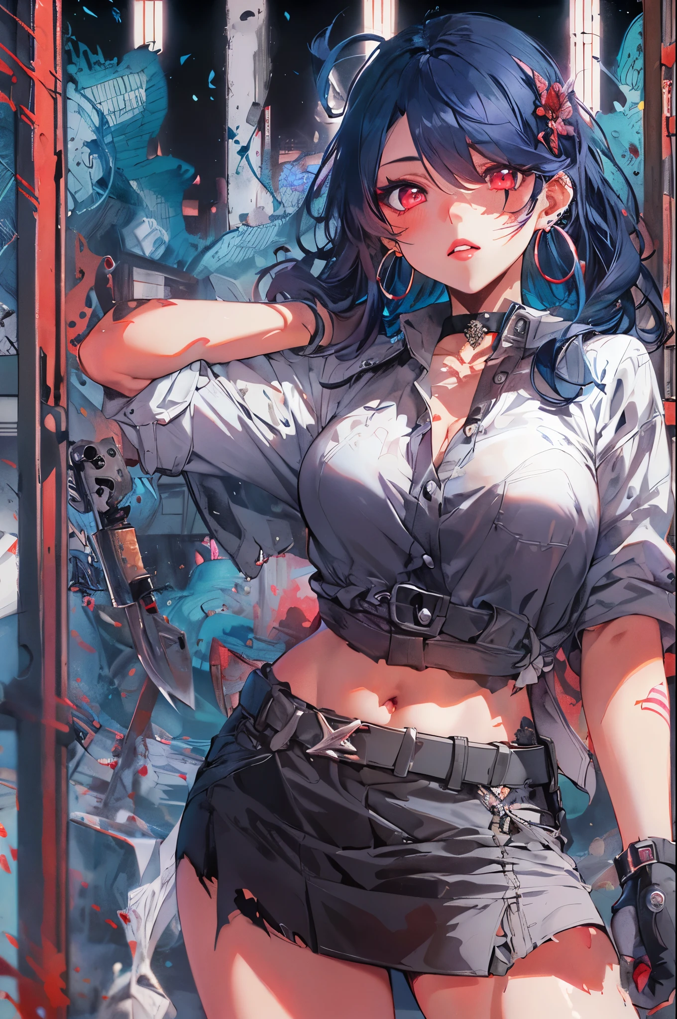 hair above one eye, red eyes, clear eyes, choker, Neon Shirt, purple pirate costume,Captain Hat,torn legwear, open jacket, towards the wall, brick wall, graffiti, shineing grafiti, shineing tattoos, shine, neon light, Black light,anime style, movieポートレート写真, 1 female, 22 years ago, Full body Esbian,blue eye background, big and full breasts, anger, (scarlet colored hair), long hair, purple eyes, wearing a short black dress, (natural skin texture vivid details, surreal, (realistic detailed eyes, natural skin texture, realistic facial details), soft and dramatic lighting, Depth of written boundary, Bokeh, vivid details, surreal, 35mm movie, hazy blur, movie,lipstick, ear piercing, eye shadow, hoop earrings, Red-pink lips, 多色のred eyes, purple theme,,Wear an iridescent aura,beautiful eyes,stand in front of the red gate、shrine,Jingumae,bold pose、decide on a pose,upper ponytail,Hanging bangs,have a battle knife、handgun,Run around the battlefield,Ocean、I can see the ship、big ship