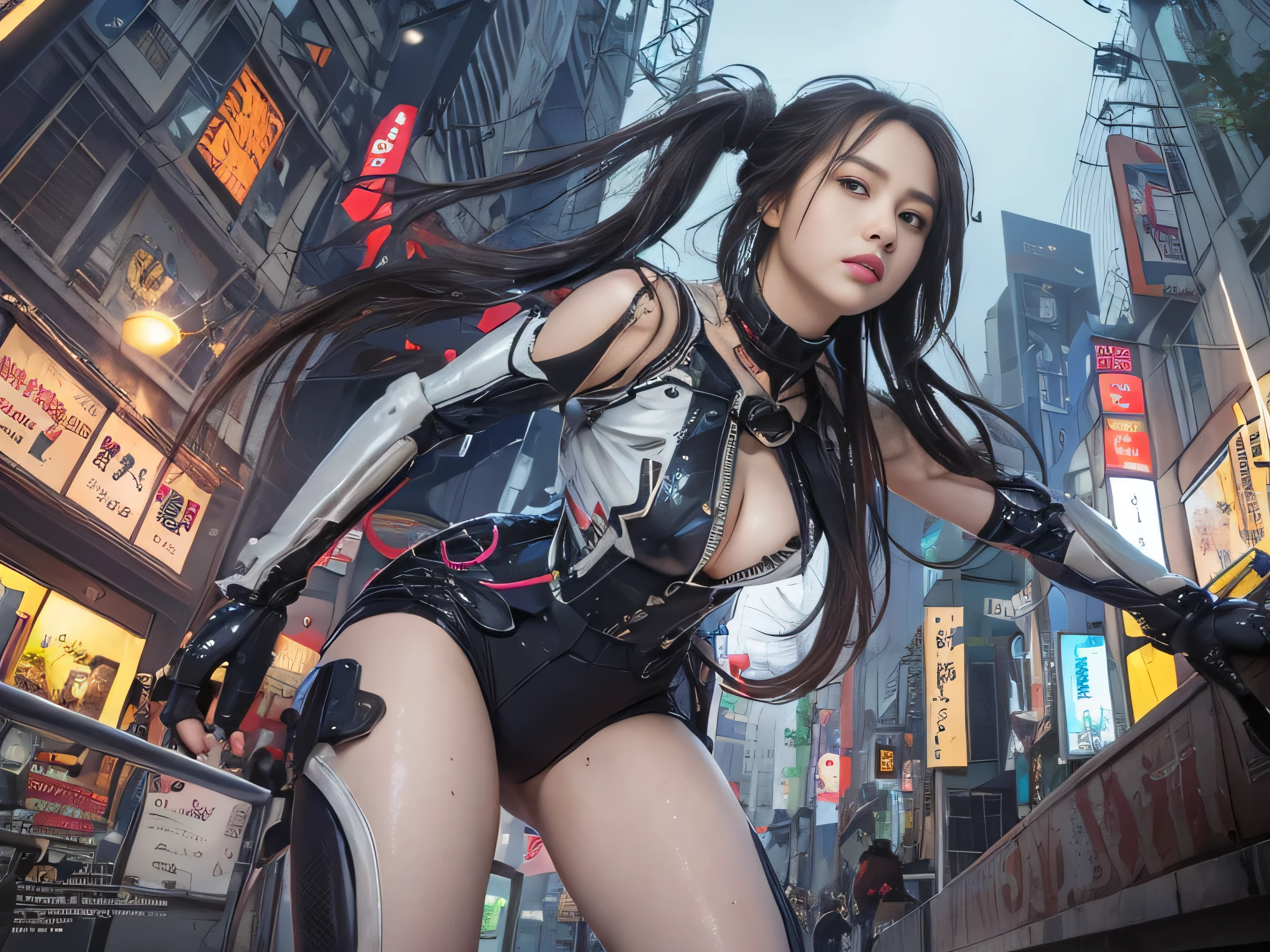 highest quality、masterpiece、ultra high resolution、(Photoreal:1.4)、RAW photo、1 girl、black hair、glowing skin、1 Mechanical Girl、((Super realistic details))、global illumination、Shadow、octane rendering、8K、super sharp、big breasts、The bare skin of the cleavage is exposed、Metal、intricate decorative details、Japan details、very intricate details、realistic light、purple eyes、shining eyes、towards the camera、neon details、mechanical limbs、Mechanical parts that cover the nipple、mechanical vertebrae attached to the back、cervical vertebrae mechanically attached to the neck、Wires and cables connecting to the head、gundam、small led lamp、There are many cables that tighten the body, Detained fugitives, Running figure, cyber punk, Night sky with countless stars twinkling, Shining Milky Way, heavy rain:1.3, Remains, Laser beam attack, big explosion:1.3, Pillar of fire:1.2, A city engulfed in flames, flood, wet hair:1.5, wet skin:1.5, puddle, fine eyes, Fine skin texture, camel toe, Detailed CG image quality, 8mm fisheye lens, Angle looking up from below:1.2, (whole body angle), fast shutter speed,