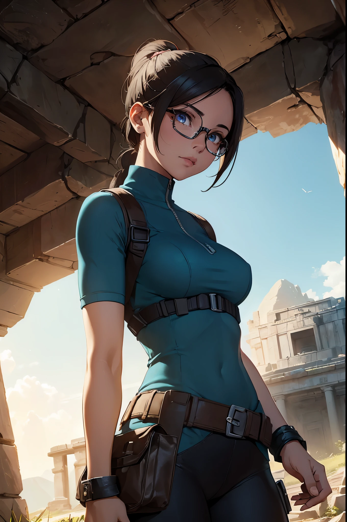 ((landscape of an ancient tomb)), a beautiful young explorer girl stands in the picture, ((wearing a Jill Valentine outfit)), long black hair in a ponytail, ((wear glasses))