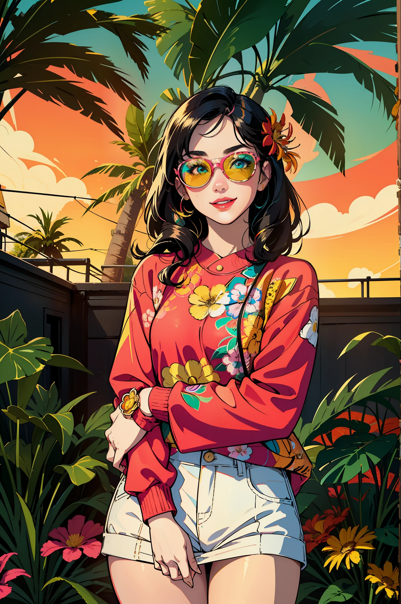 Create digital artwork in the Pop Art style, Featuring a vibrant and confident young Asian girl,street fashion, Movie color scheme, big smile, wink eye, sunglasses, Surrounded by vintage flower motifs, Vibrant brushstrokes,Emotions should be dynamic, Upper body, Drawing, illustration, escala cinza, tropical, Many flowers,