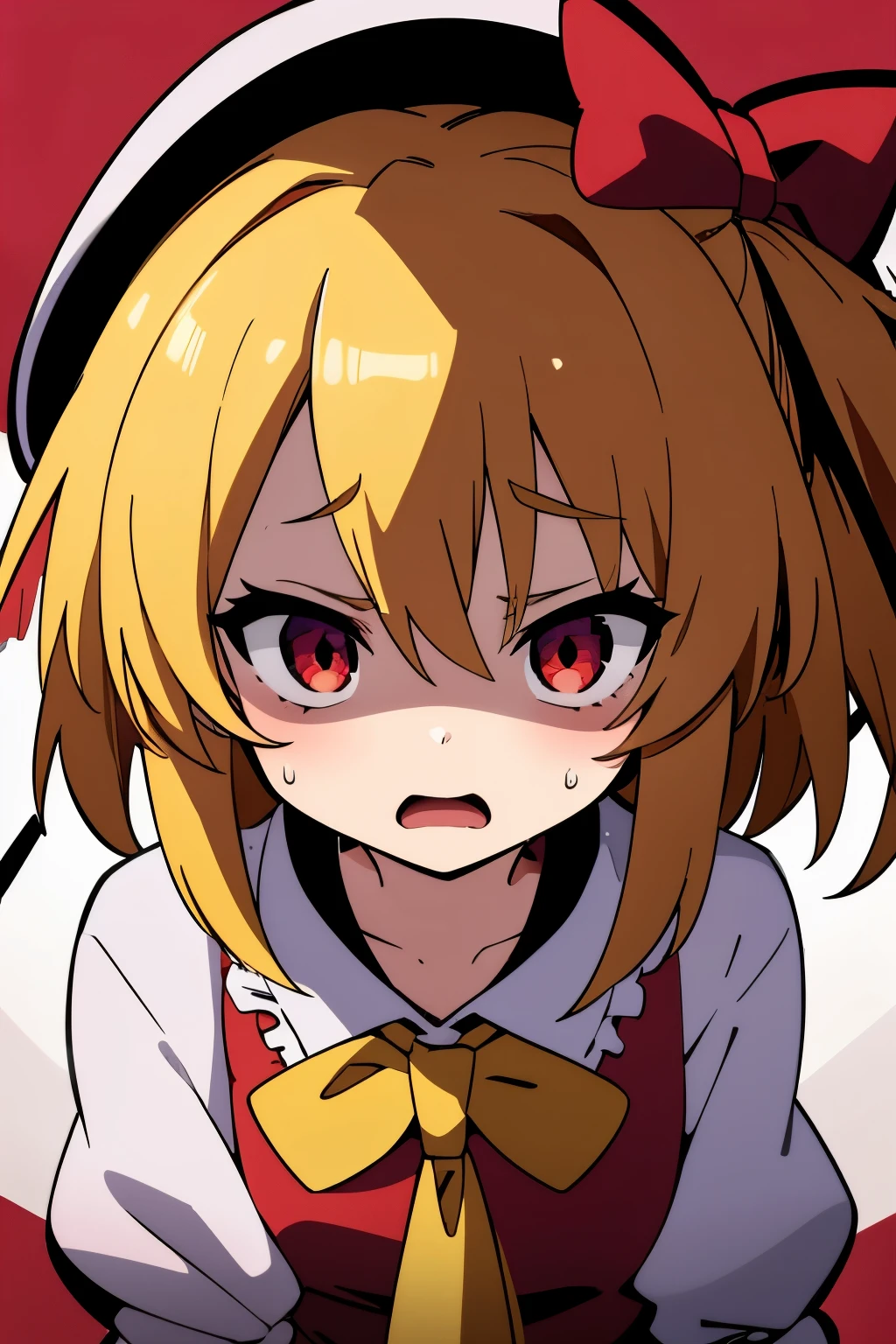 anime style、masterpiece、highest quality、one girl、solo、(eye highlights)、（Flandre Scarlet）、scared look、open your mouth、Sweat、simple background