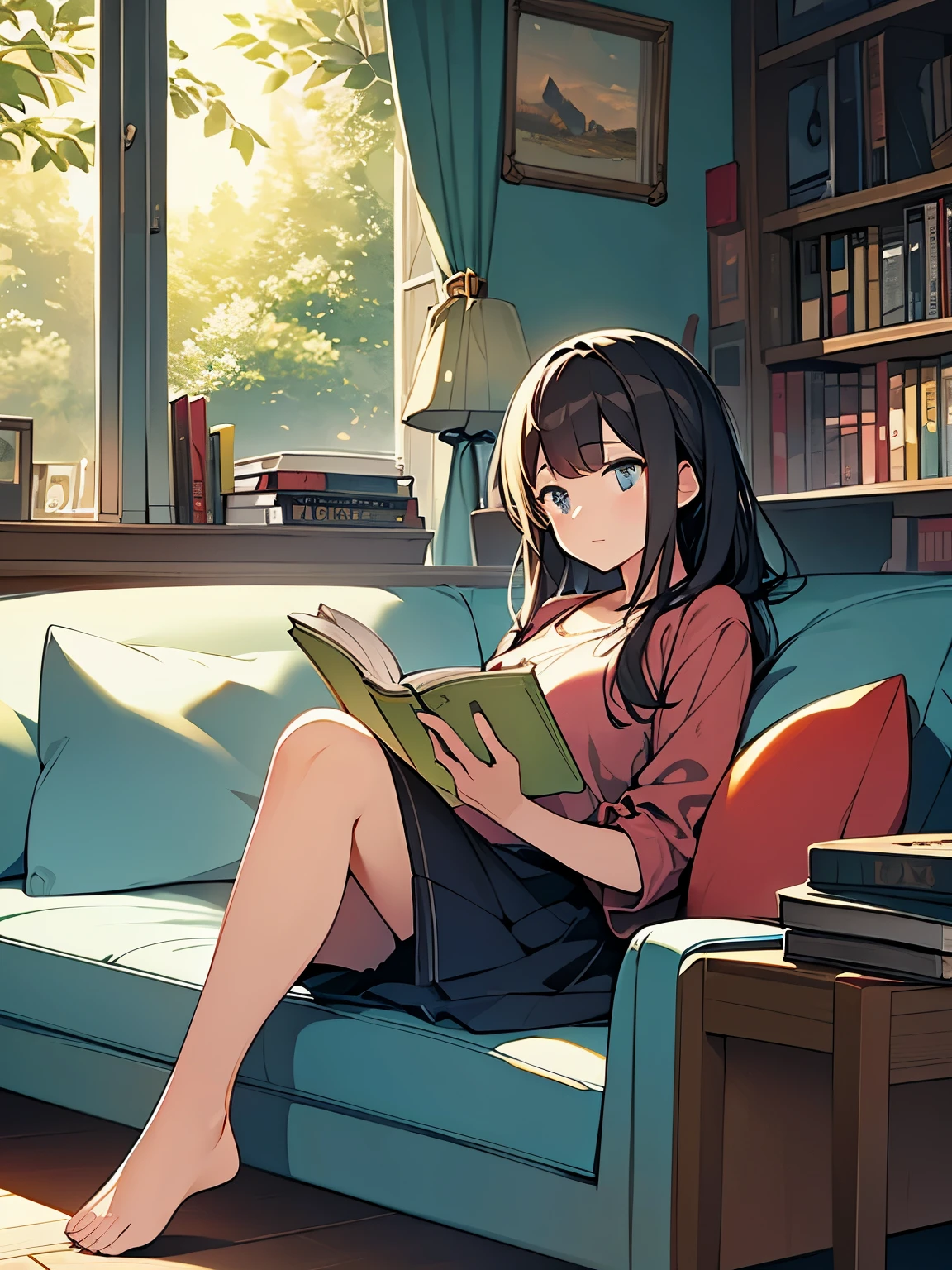 Art , illustration,a girl sitting on sofa,reading books,outside cool climate