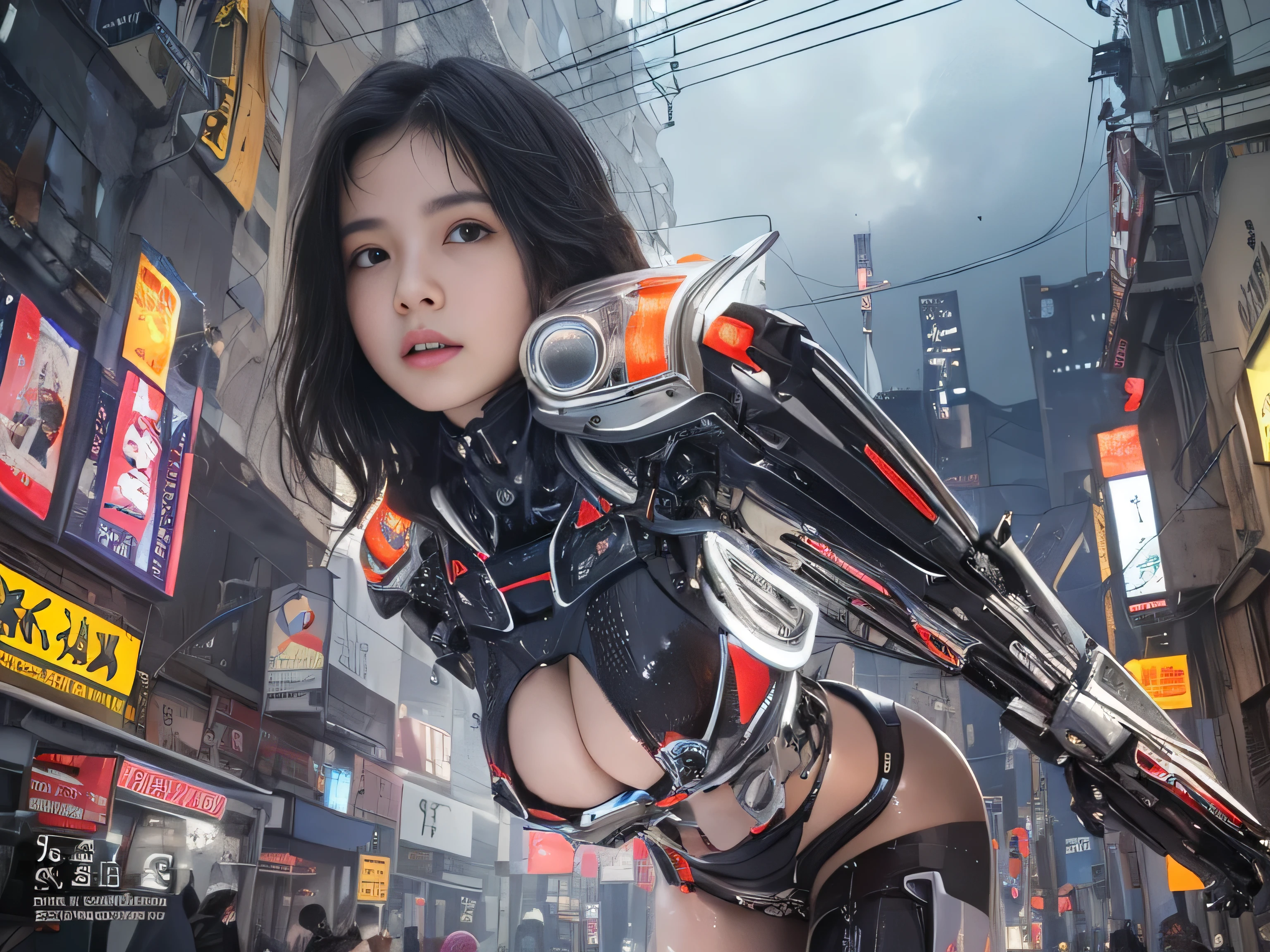 highest quality、masterpiece、ultra high resolution、(Photoreal:1.4)、RAW photo、1 girl、black hair、glowing skin、1 Mechanical Girl、((Super realistic details))、global illumination、Shadow、octane rendering、8K、super sharp、big breasts、The bare skin of the cleavage is exposed、Metal、intricate decorative details、Japan details、very intricate details、realistic light、purple eyes、shining eyes、towards the camera、neon details、mechanical limbs、Mechanical parts that cover the nipple、mechanical vertebrae attached to the back、cervical vertebrae mechanically attached to the neck、Wires and cables connecting to the head、gundam、small led lamp、There are many cables that tighten the body, Detained fugitives, Running figure, cyber punk, Night sky with countless stars twinkling, Shining Milky Way, heavy rain:1.3, Remains, Laser beam attack, big explosion:1.3, Pillar of fire:1.2, A city engulfed in flames, flood, wet hair:1.5, wet skin:1.5, puddle, fine eyes, Fine skin texture, camel toe, Detailed CG image quality, 8mm fisheye lens, Angle looking up from below:1.2, (whole body angle), fast shutter speed,