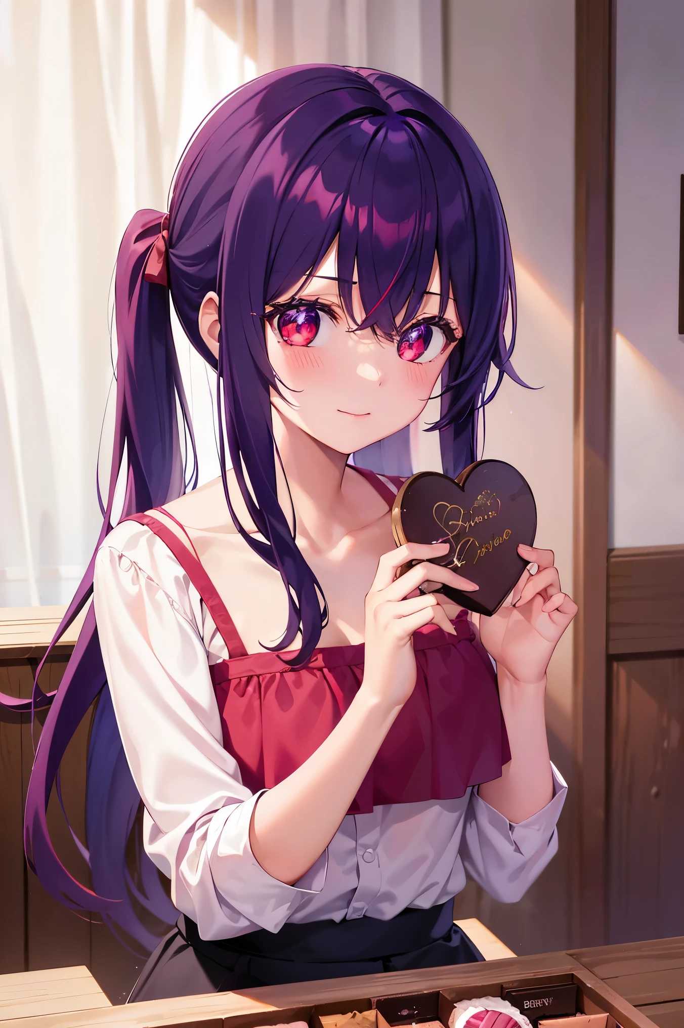  1girl, bangs, red eyes bright relucent light in hair, blush, happy, collarbone, hair between eyes, long hair, looking at viewer, bra, home, cross legs, purple hair, shiny, shiny hair, side ponytail, holding chocolate box