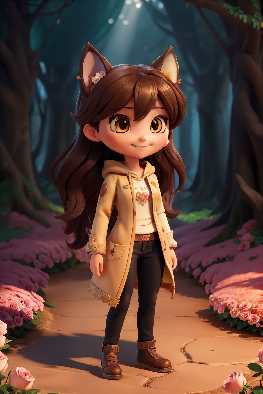 In the heart of a surreal world, a masterpiece comes to life. An intricately detailed, full-body figure of the wolf girl emerges, crafted with top-quality materials and ultra-detailed precision. Chibi in style, this feminine creation boasts brown, long hair and piercing yellow eyes that gleam with an otherworldly charm.
SHe stands proudly with a charming smile on her face, beneath the captivating canopy of a Rose Flower Carpet. Her illusory engine hums softly as she wears a black hoodie and jeans, blending seamlessly into the 8k visual landscape. A smile adorns her face.