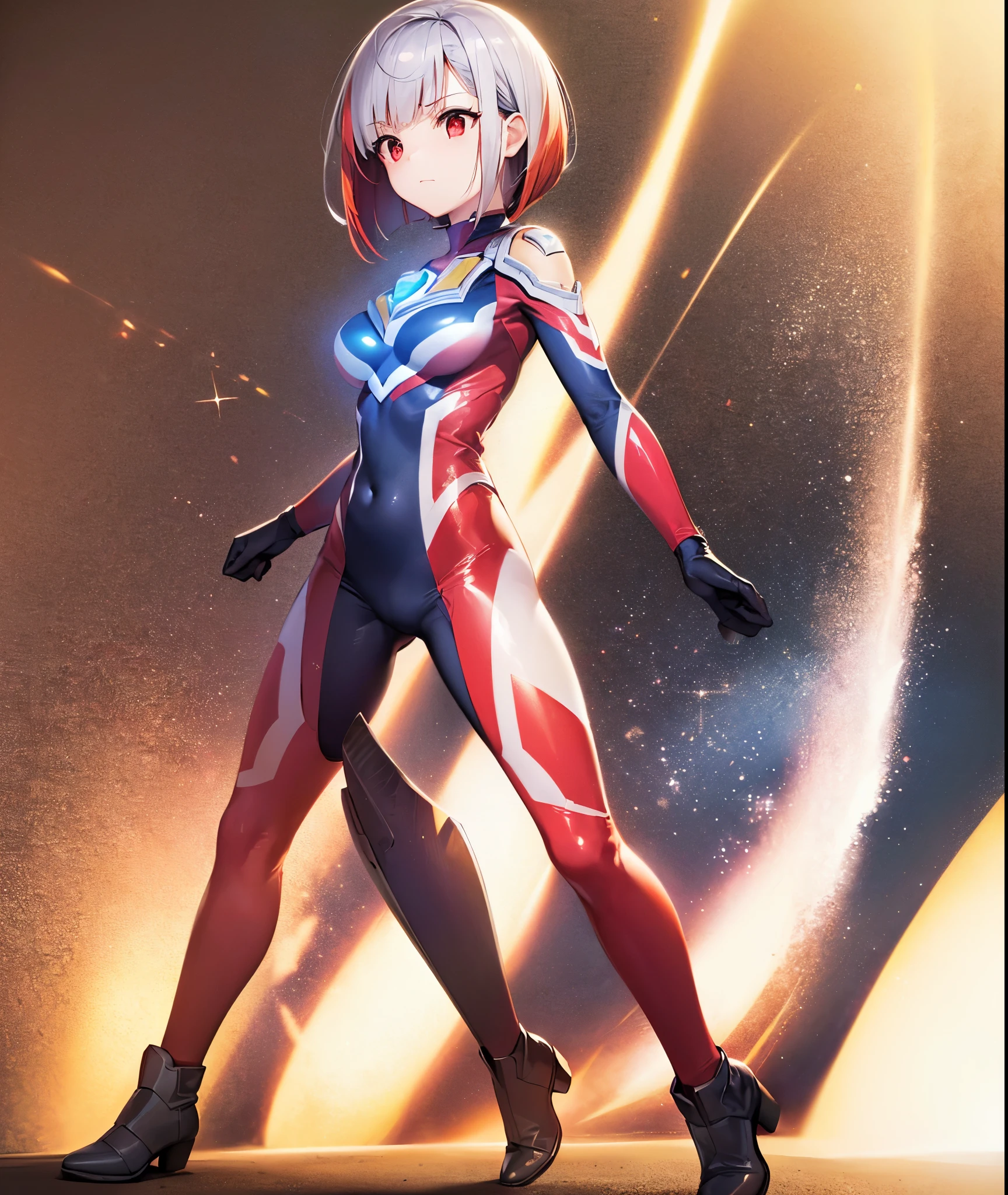 highest quality, ultra detail, High quality CG drawing, The most delicate and beautiful, Float softly, High resolution, (1 girl), (Highest image quality,4K,8K,masterpiece:1.2),(bright red hair:1.5),(short bob:1.5),(red eyes:1.5), (Ultra Girl :1.0), (silver and red ultraman bodysuit:1.4),slightly bigger breasts, (視聴者にbackを向ける:1.3),back,butt