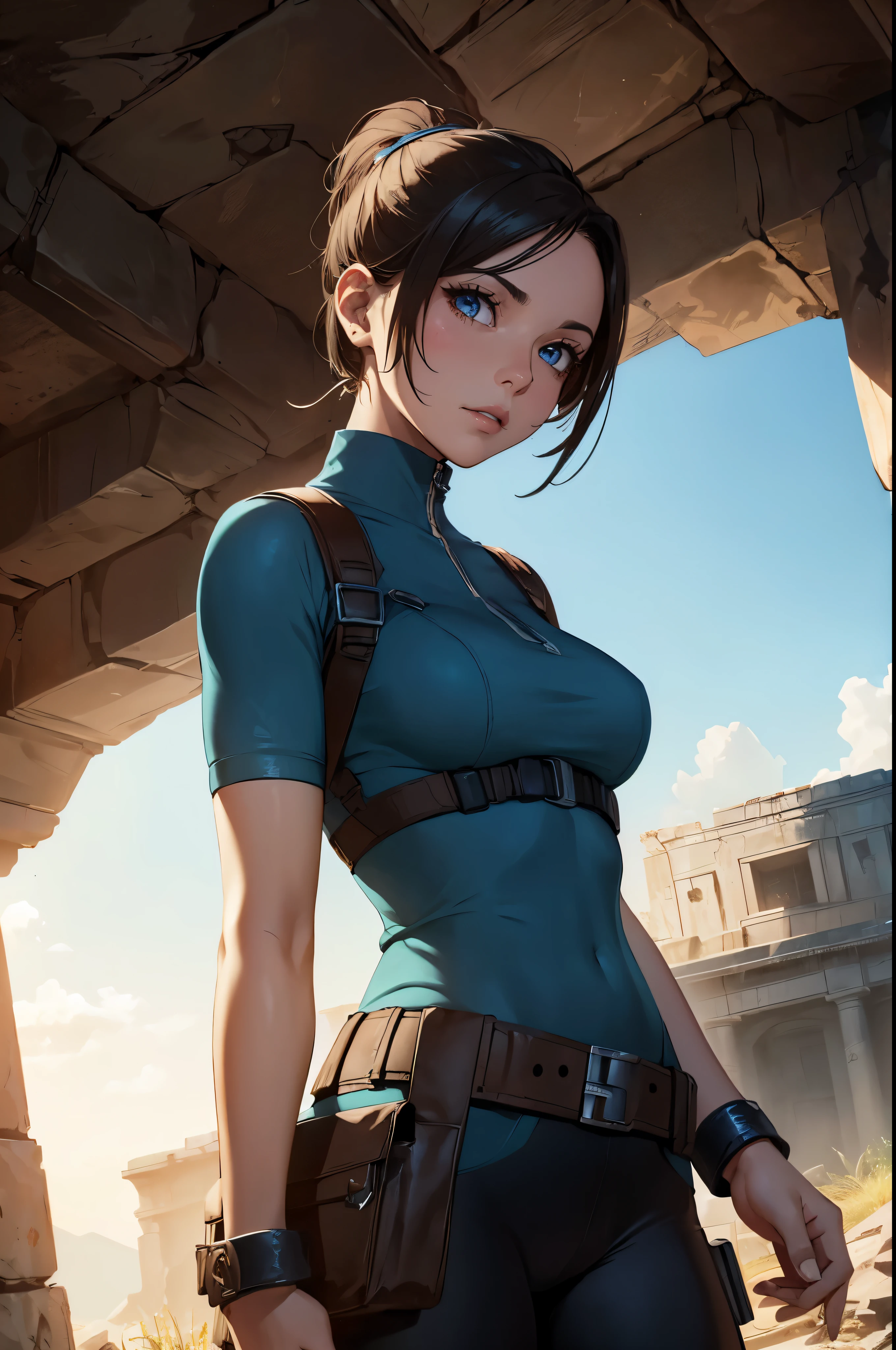 ((Scenery of the ancient cemetery)), A beautiful young explorer girl stands in the picture., ((Wear Jill Valentine&#39;s outfit)), Long black hair in a ponytail, ((wear glasses))