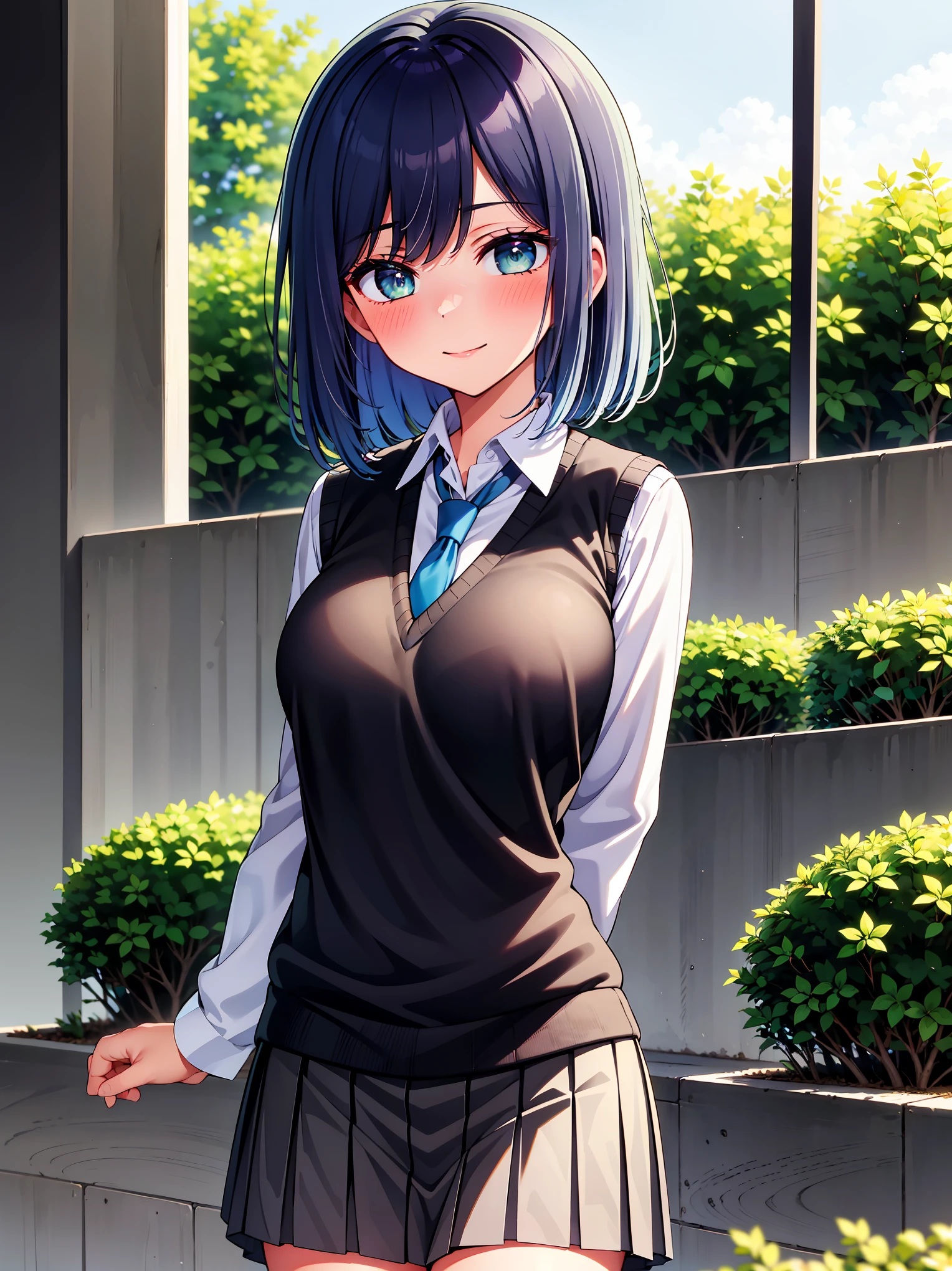 (masterpiece, highest quality:1.2), 1 girl, alone, Akane Kurokawa, 1 girl, dark blue hair, medium hair, one length bob, Added bangs to add brightness to the face, Hair ends remain thick overall. , blue eyes, green eyes, school uniform, white shirt, collared shirt, vest, white shirt, sweater vest, black vest, blue tie, gray pleated skirt, smile, In a field of colorful flowers