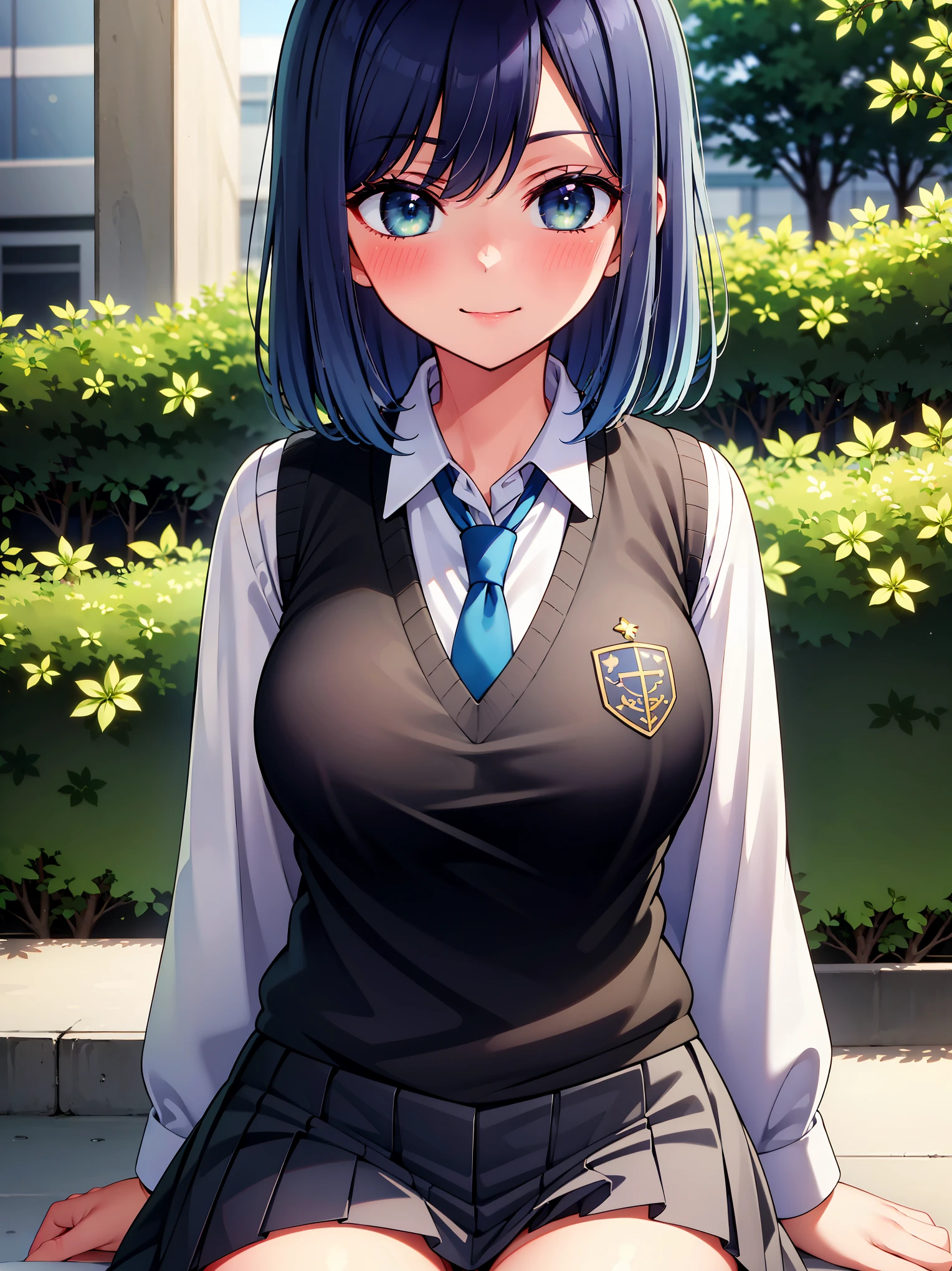 (masterpiece, highest quality:1.2), 1 girl, alone, Akane Kurokawa, 1 girl, dark blue hair, medium hair, one length bob, Added bangs to add brightness to the face, Hair ends remain thick overall. , blue eyes, green eyes, school uniform, white shirt, collared shirt, vest, white shirt, sweater vest, black vest, blue tie, gray pleated skirt, smile, In a field of colorful flowers