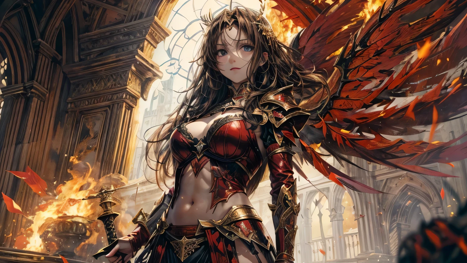 4K, ((very delicate))realistic, high resolution, soft light,1 woman, alone, ((burning castle background)), look at the viewer, (detailed face), ((Close-up from waist to face)) I fell to my knees after losing the angel war...., ((fallen angel lucifer)), ((woe, rage, tear)), long hair, dark brown hair, big bust, Beautiful girl, ((importance)) bikini, red angel armor, ((An old, dark red sword stuck on the floor)),