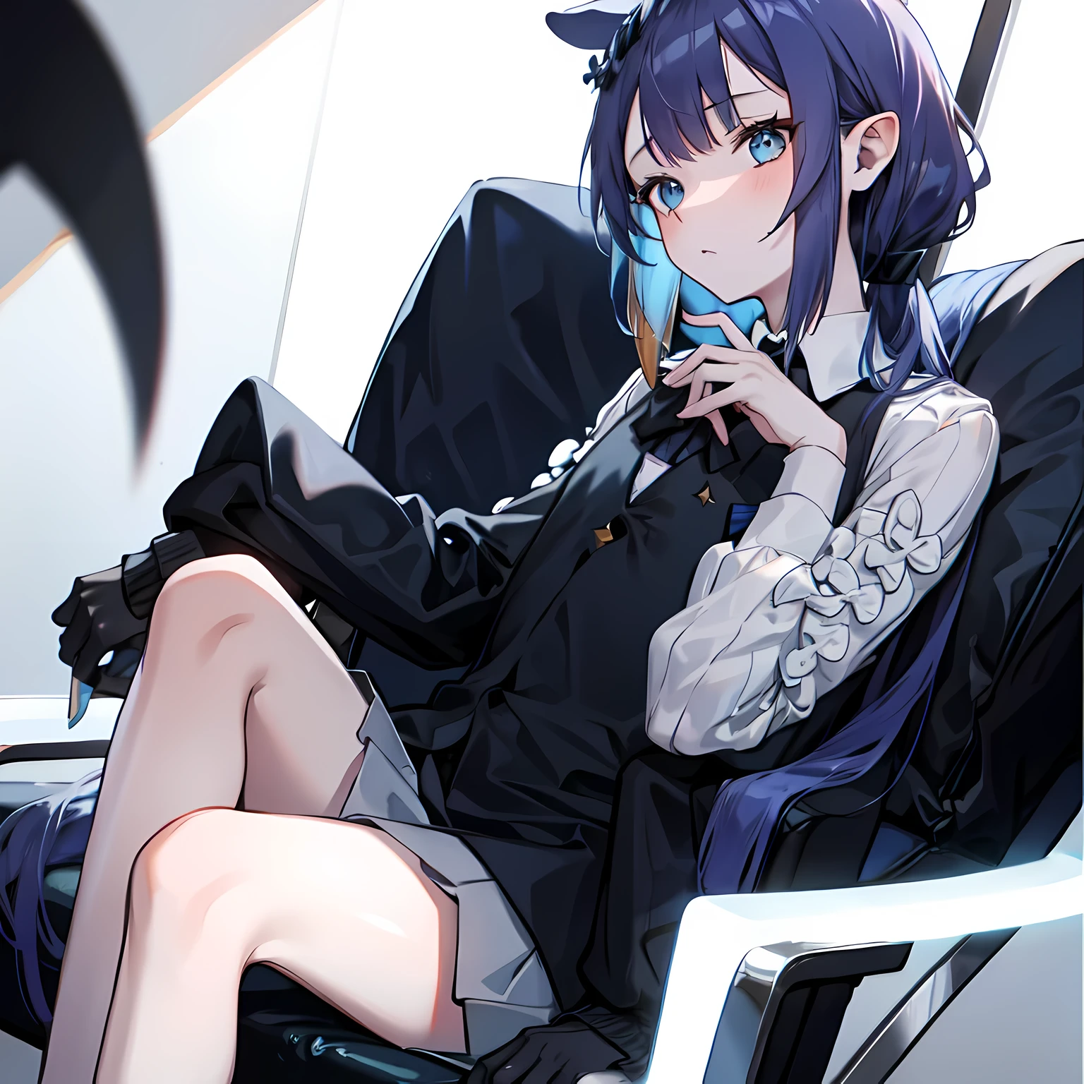 1 girl, (alone:1.2), ((masterpiece)), Slim, small breasts, pale skin, ((delicate eyes)), (bokeh effect), (dynamic angle), blue hair, ponytail, bow tie, sitting, blue eyes, ((Suit)), Tuxedo, Internal, Chair,