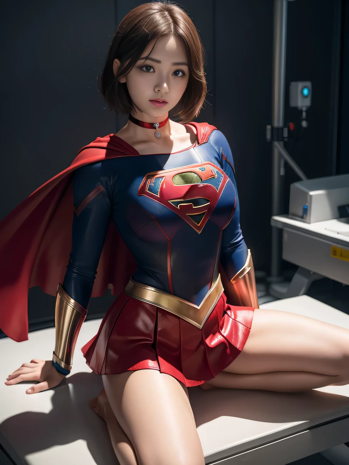 masterpiece、Supergirl costumes、short hair、barefoot、big and full breasts、Experimental Facilities、operating table、straddle、damaged、shiny、look at the camera、Seduce、choker、long sleeve、red mini skirt