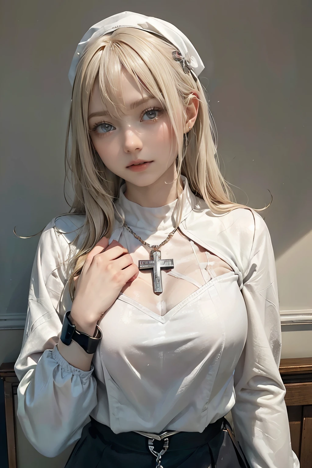 <lora:Sexy_Nun_Suit:0.85>,1girl, smile, sexy_nun,((pubic tattoo)), white long hair, black veil, ((red eyes, red lips)), white bikini, stomach cutout, navel, black long sleeves, black leather pants, upper body, arms behind back, standing, (masterpiece, high quality, best quality), (colorful),(delicate eyes and face), volumatic light, ray tracing, extremely detailed CG unity 8k wallpaper, blue eyes, realistic,photorealistic, cowboy shot, from side, indoors,
Vaulted Ceilings, Stained Glass Windows, Ornate Altar, Candlelit Aisles, Ecclesiastical Architecture, Spiritual Atmosphere, Sacred Artwork, Pews and Benches, Divine Light, Tranquil Ambiance