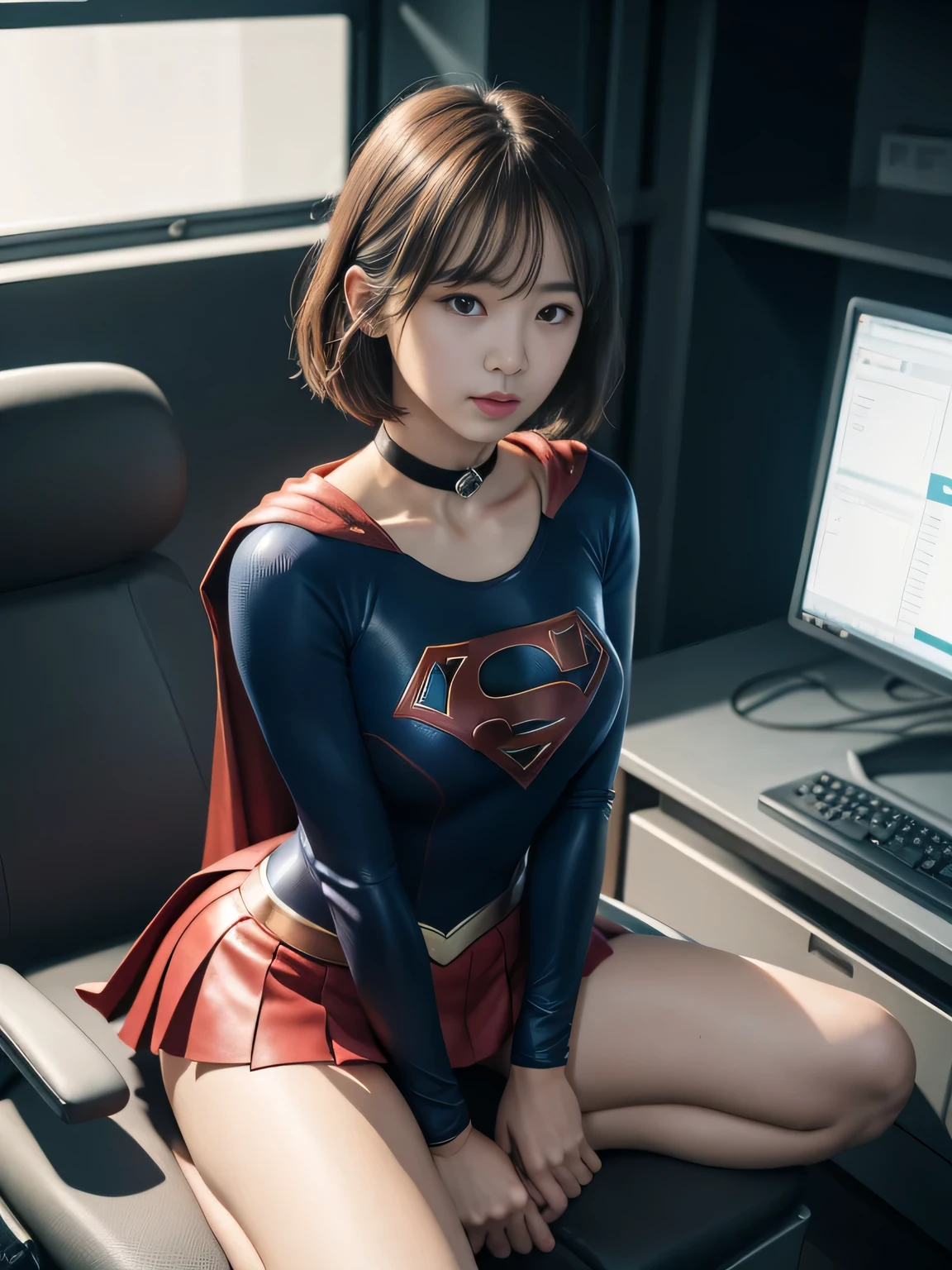 masterpiece、Supergirl costumes、short hair、barefoot、big and full breasts、Experimental Facilities、operating table、straddle、damaged、shiny、look at the camera、Seduce、choker、long sleeve、red mini skirt