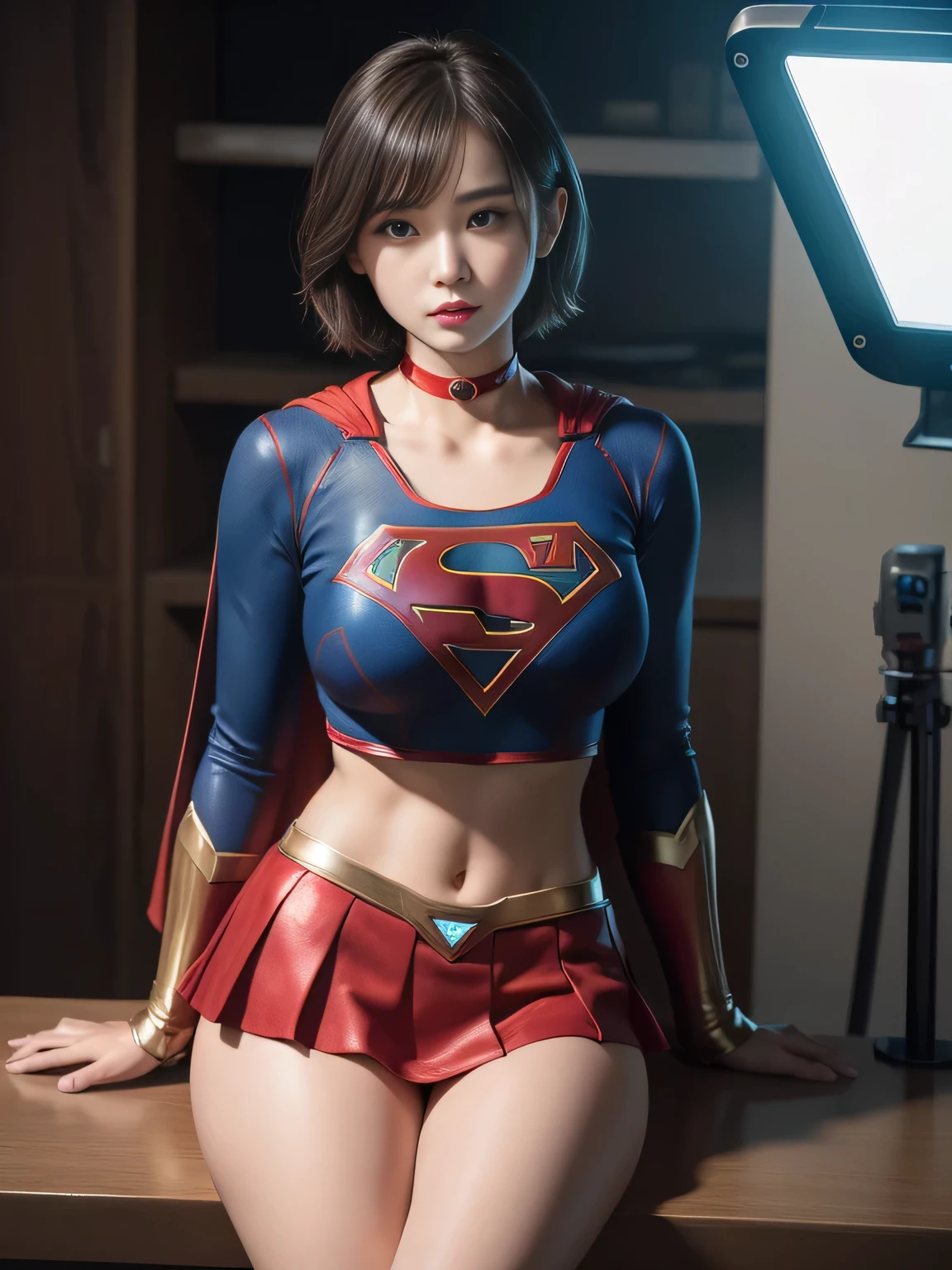 masterpiece、Supergirl costumes、short hair、barefoot、big and full breasts、Experimental Facilities、operating table、straddle、damaged、shiny、look at the camera、Seduce、choker、long sleeve、red mini skirt
