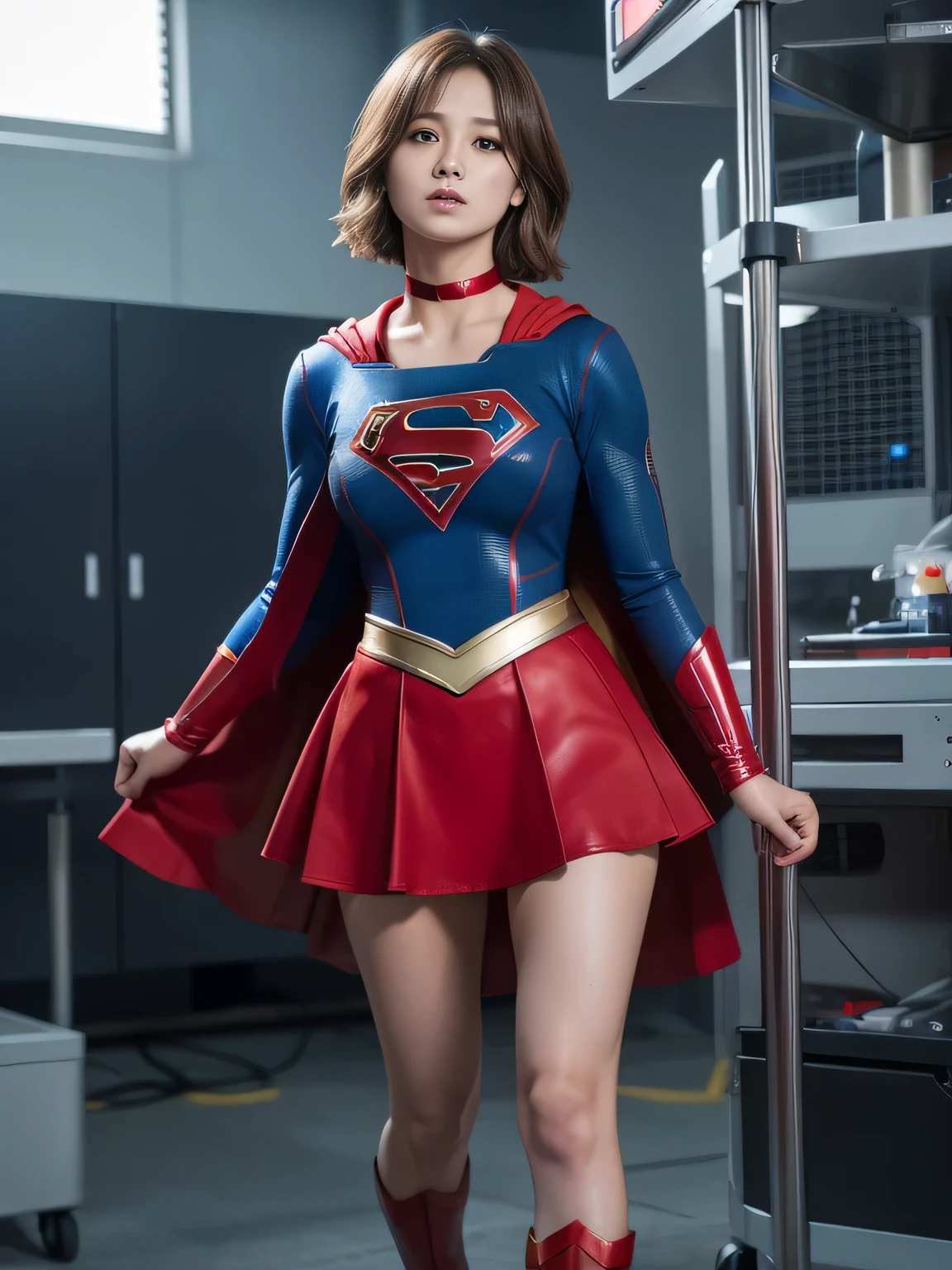 masterpiece、Supergirl costumes、short hair、barefoot、big and full breasts、Experimental Facilities、operating table、straddle、damaged、shiny、look at the camera、Seduce、choker、long sleeve、red mini skirt