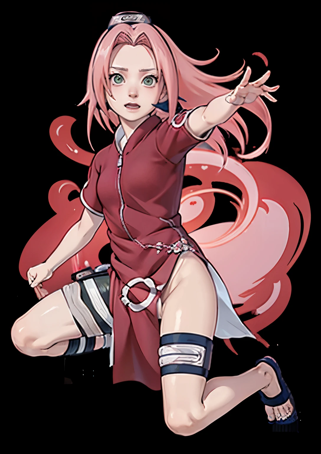 ((Masterpiece)), (detail),  High quality, a girl in a red shirt and black short, haruno sakura, sakura haruno, sakura haruno in slug sage mode, from naruto, happy!!!, badass pose, 1girl, solo, perfect face, pefect body, perfect anatomy, pretty girl, cute girl, sakura haruno, long hair, green eyes, pink hair, bare bottom, no panty, pussy visible, realistic, reality, high quality image, ultra detail, 8k, straddled, both thighs open.