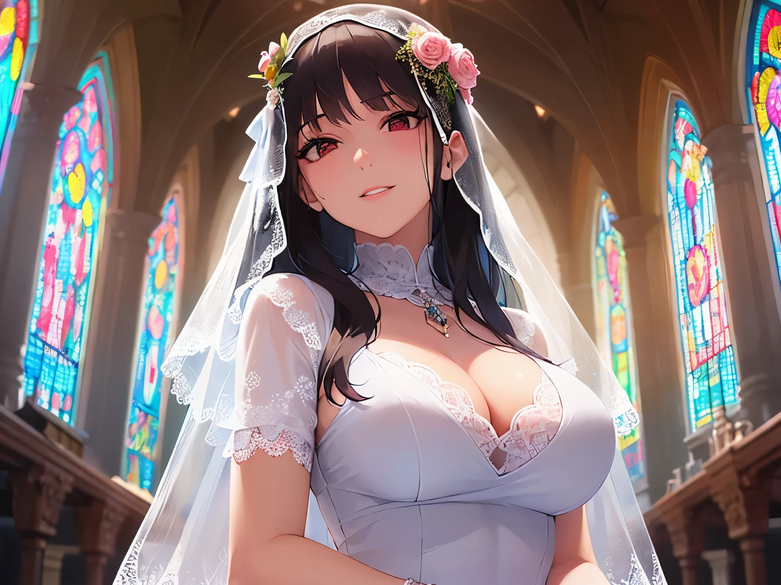 dutch angle, high quality、masterpiece、Realistic, real person, RAW photo, photorealistic, portrait photography, shiny skin, japanese idol、shiny hair、(25 year old woman with black bangs) and (long hair) and (red eyes), curvy, wedding veil、(short sleeve wedding dress:1.3), smile, The background is a church、Stained glass
