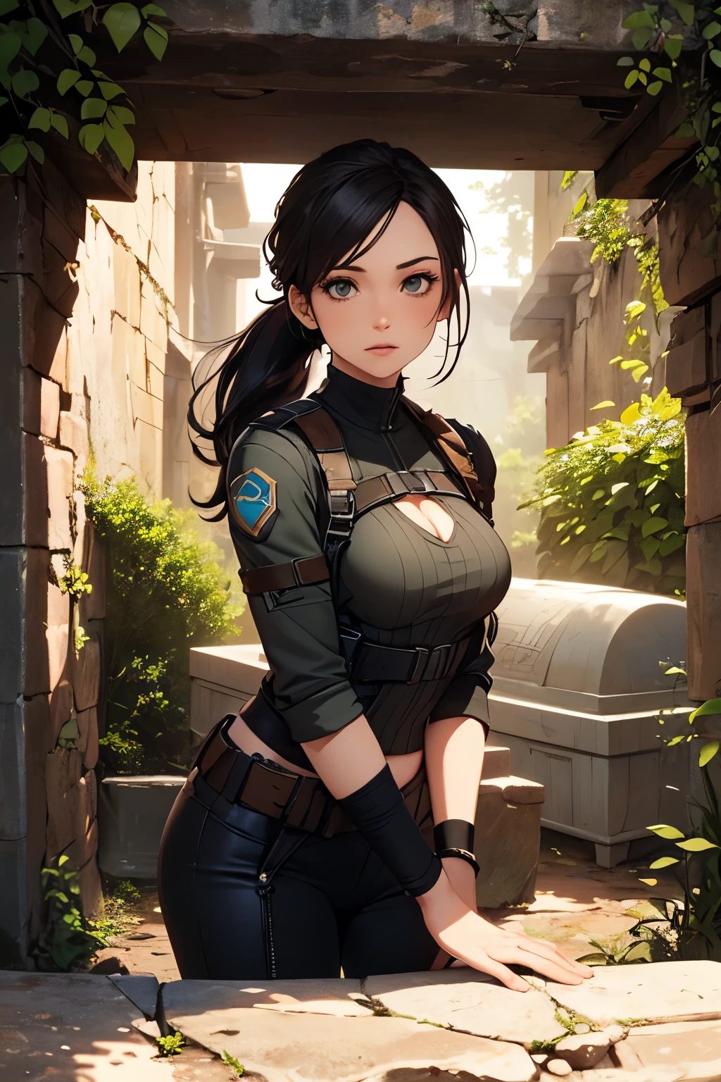 ((landscape of an ancient tomb)), a beautiful young explorer girl stands in the picture, ((wearing a Jill Valentine outfit)), long black hair in a ponytail