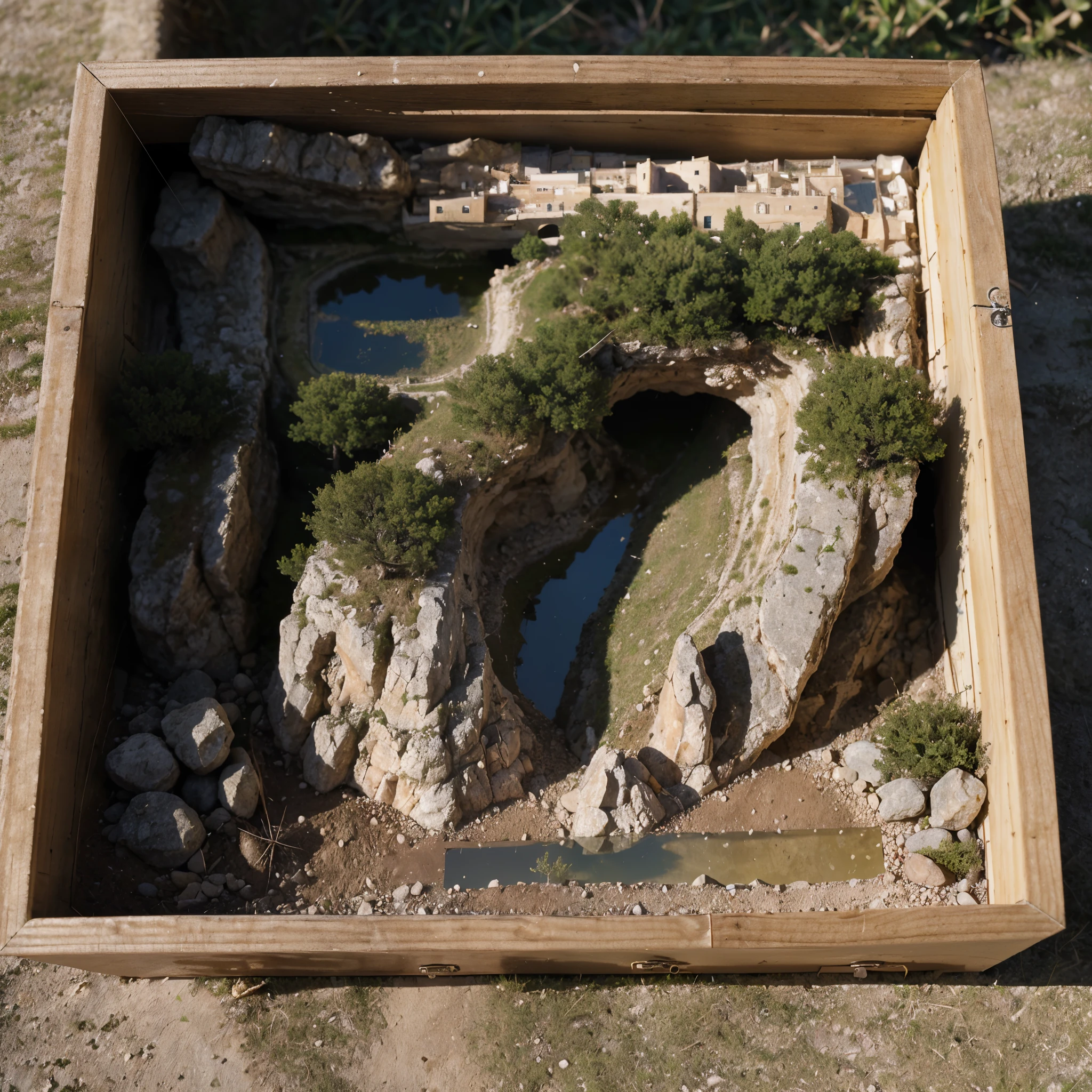 Matera soil realistic model, (bifurcation, original photo, best quality, masterpiece:1.4), (in a small nature box:1.3), Isometric, small nature, landscape on foundation of sassi_di_matera, in a transparent glass box