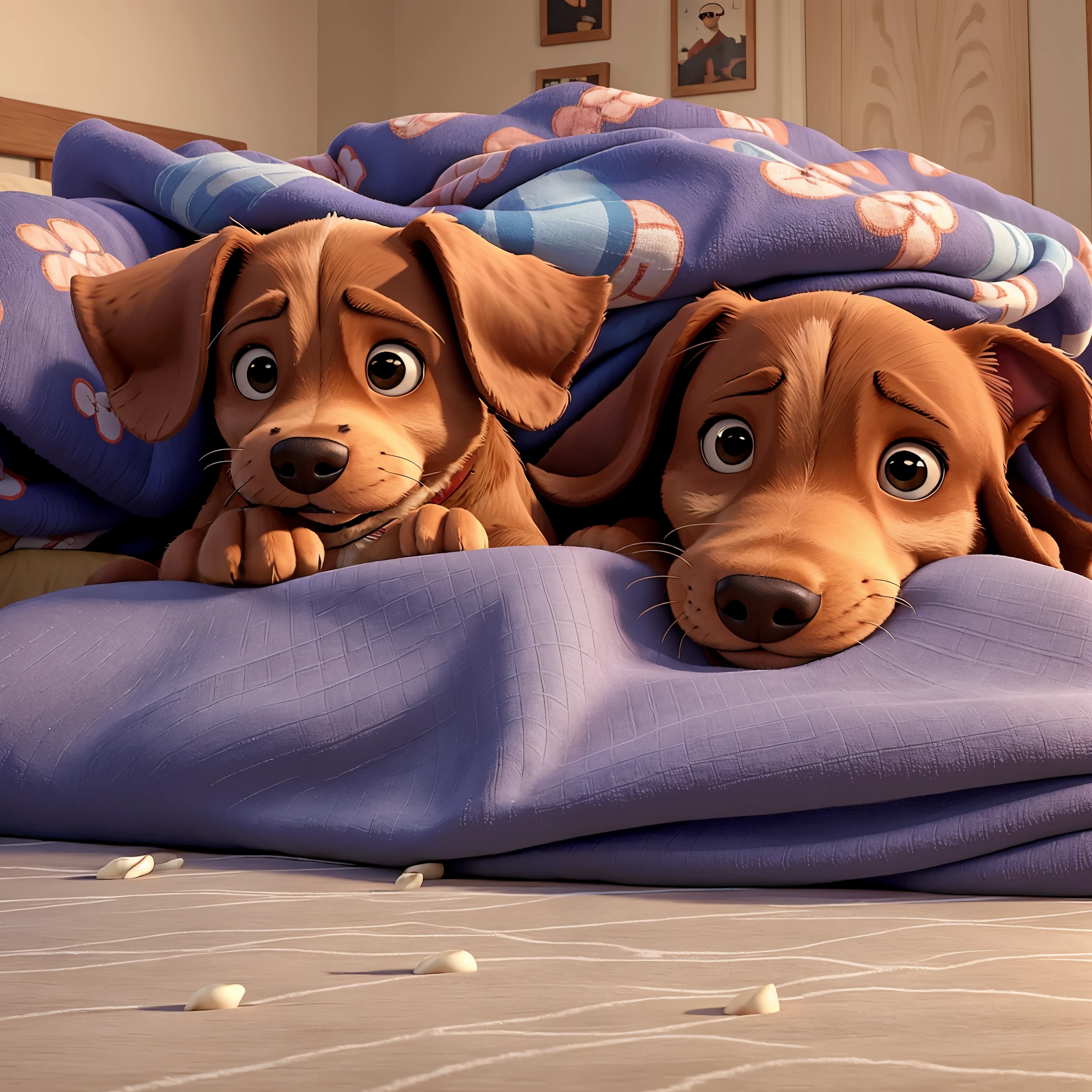 there are two dogs that are laying under a blanket on a bed, serious faces, red puppils, cozy under a blanket, cute and cuddly, looking defiantly at the camera, puppies, concerned, cute girls, cute faces, portrait shot, glaring at the camera, weenie, left dog is grey