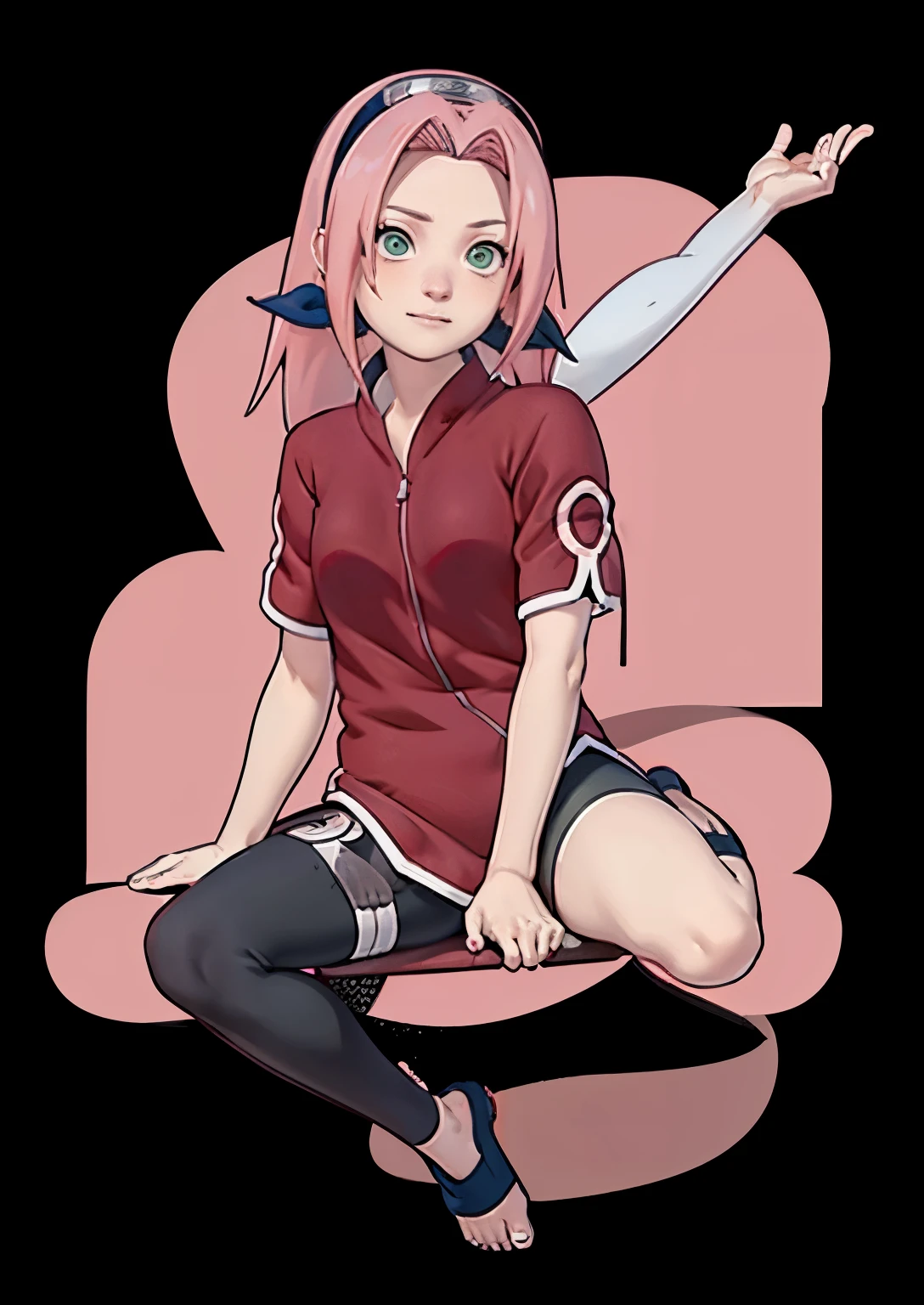 ((Masterpiece)), (detail),  High quality, a girl in a red shirt and black leggings, black yoga pants, haruno sakura, sakura haruno, sakura haruno in slug sage mode, from naruto, happy!!!, badass pose, 1girl, solo, perfect face, pefect body, perfect anatomy, pretty girl, cute girl, sakura haruno, long hair, green eyes, pink hair, bare bottom, no panty, pussy visible, realistic, reality, high quality image, ultra detail, 8k, straddled, both thighs open.