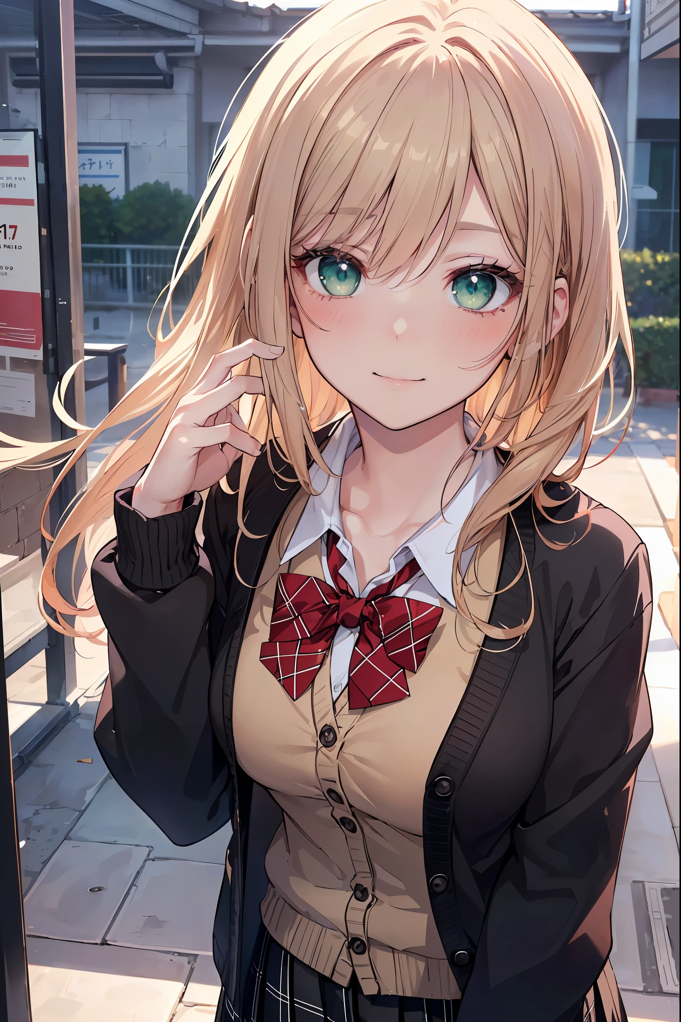 ((masterpiece, best quality, highres, UHD, perfect pixel, depth of field, 4k, RTX, HDR))), 1girl, single, solo, beautiful anime girl, beautiful artstyle, anime character, ((long hair, bangs, brown hair, curly hair:0.5)), ((green eyes:1.4, rounded eyes, beautiful eyelashes, realistic eyes)), ((detailed face, blushing:1.2)), ((smooth texture:0.75, realistic texture:0.65, photorealistic:1.1, anime CG style)), medium breasts, dynamic angle, perfect body, ((portrait, pov)), ((red bowtie, school uniform, black jacket, open jacket, brown cardigan, white shirt, black skirt, plaid skirt)), smile, hands up, amusement park