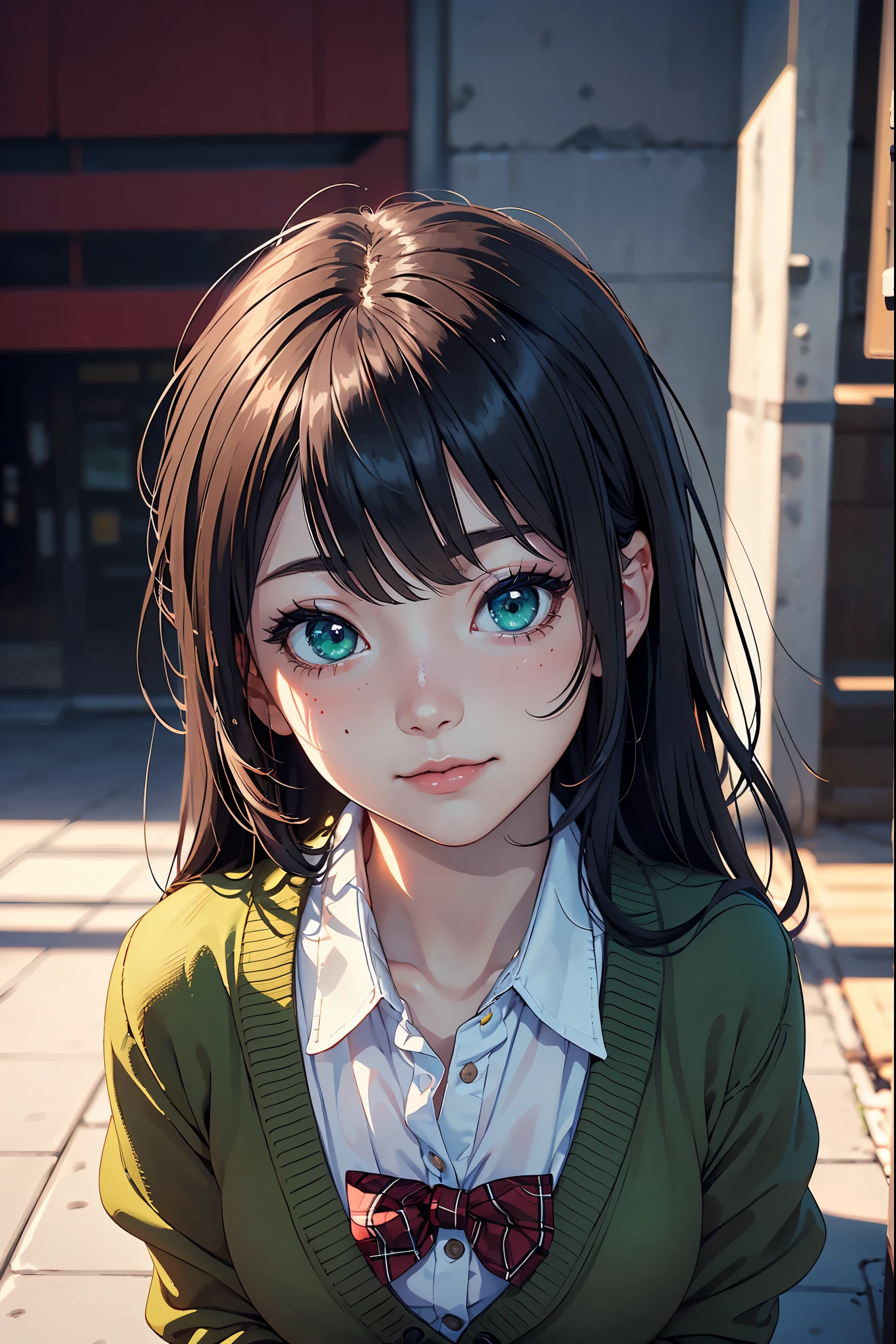 ((masterpiece, best quality, highres, UHD, perfect pixel, depth of field, 4k, RTX, HDR))), 1girl, single, solo, beautiful anime girl, beautiful artstyle, anime character, ((long hair, bangs, brown hair, curly hair:0.5)), ((green eyes:1.4, rounded eyes, beautiful eyelashes, realistic eyes)), ((detailed face, blushing:1.2)), ((smooth texture:0.75, realistic texture:0.65, photorealistic:1.1, anime CG style)), medium breasts, dynamic angle, perfect body, ((portrait, pov)), ((red bowtie, school uniform, black jacket, open jacket, brown cardigan, white shirt, black skirt, plaid skirt)), smile, hands up, amusement park