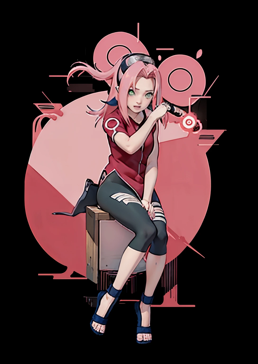 ((Masterpiece)), (detail),  High quality, a girl in a red shirt and black leggings, black yoga pants, haruno sakura, sakura haruno, sakura haruno in slug sage mode, from naruto, happy!!!, badass pose, 1girl, solo, perfect face, pefect body, perfect anatomy, pretty girl, cute girl, sakura haruno, long hair, green eyes, pink hair, bare bottom, no panty, pussy visible, realistic, reality, high quality image, ultra detail, 8k, straddled, both thighs open.