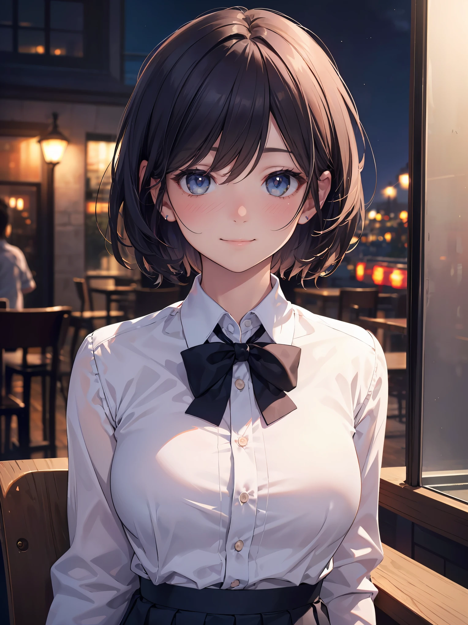 (8k, RAW photo, best quality, masterpiece:1.2), (realistic, photo-realistic:1.37), ultra-detailed,
1 girl,cute, solo,beautiful detailed sky,detailed cafe,night,sitting,dating,(nose blush),(smile:1.1),(closed mouth),large breasts, seductive smile, large aparture, professional lighting, Sony A7R4, Zessie 50mm F1.8,
medium breasts,beautiful detailed eyes,(collared shirt:1.1), bowtie,pleated skirt,(short hair:1.2),floating hair