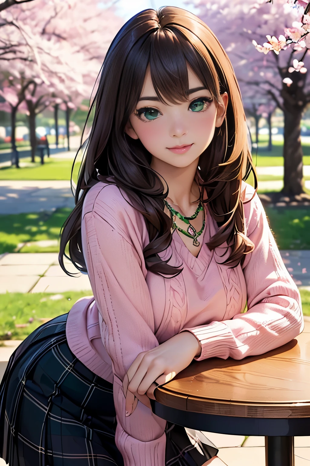 ((table top, highest quality, High resolution, nffsw, perfect pixel, Depth of bounds written, 4K, nffsw, nffsw))), 1 girl, single, alone, beautiful anime girl, beautiful art style, anime character, ((long hair, bangs, brown hair)), ((green eyes:1.4, round eyes, beautiful eyelashes, realistic eyes)), ((detailed face, blush:1.2)), ((smooth texture:0.75, realistic texture:0.65, realistic:1.1, Anime CG style)), dynamic angle, ((throw, Selfie Pose, portrait)), ((pink sweater, long sleeve, black skirt, plaid skirt, Snazzy, 1 diamond necklace)), smile, amusement park, ((Cherry tree, Cherry blossoms fall))