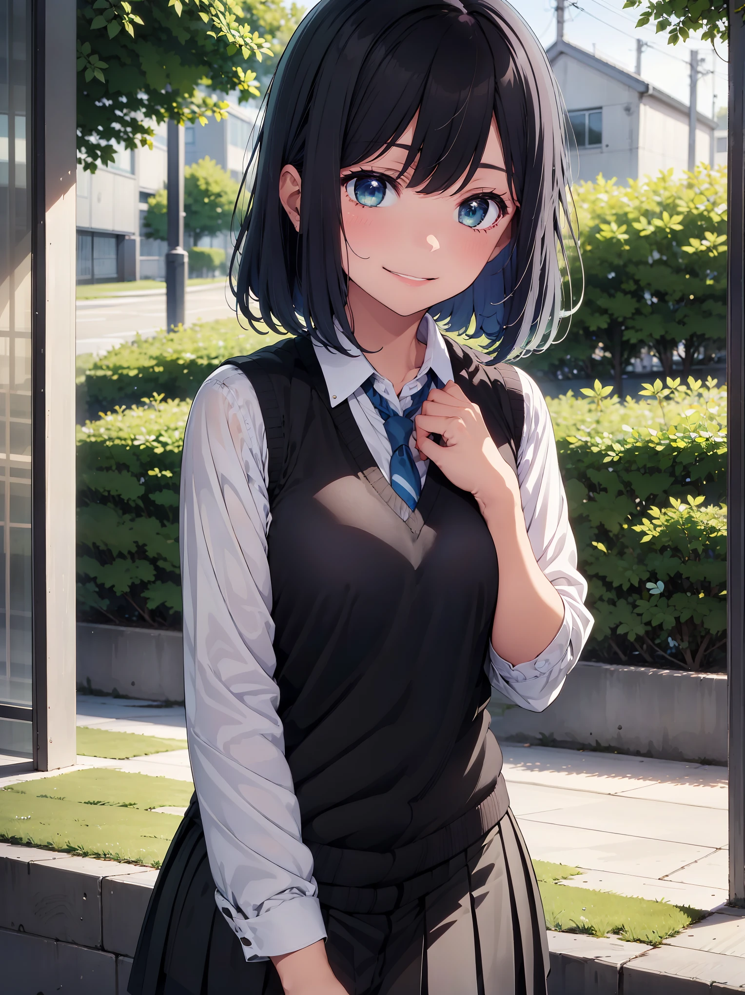 (masterpiece, highest quality:1.2), 1 girl, alone, Akane Kurokawa, 1 girl, dark blue hair, medium hair, one length bob, Added bangs to add brightness to the face, Hair ends remain thick overall. , blue eyes, green eyes, school uniform, white shirt, collared shirt, vest, white shirt, sweater vest, black vest, blue tie, gray pleated skirt, smile, In a field of colorful flowers