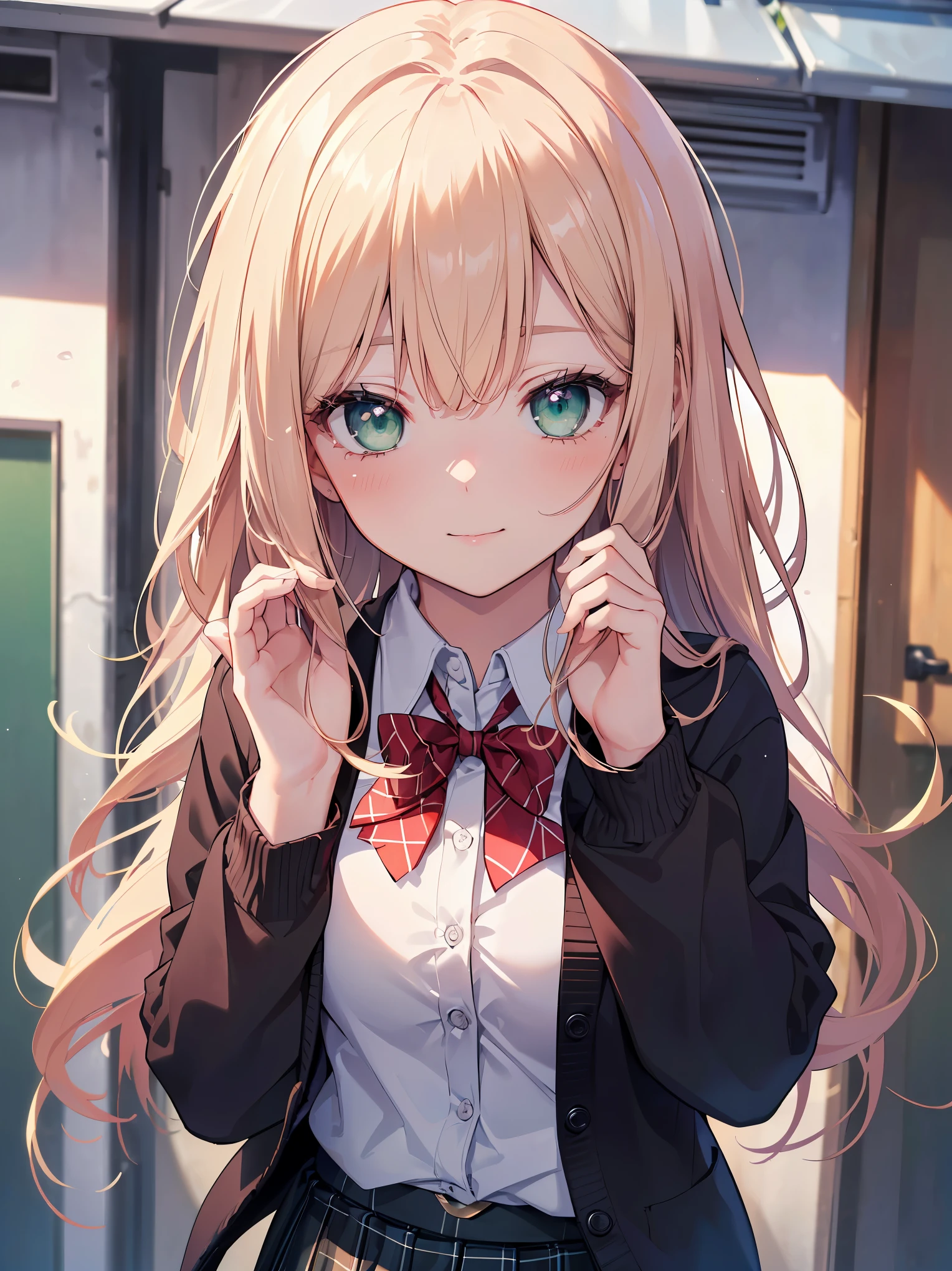 ((masterpiece, best quality, highres, UHD, perfect pixel, depth of field, 4k, RTX, HDR))), 1girl, single, solo, beautiful anime girl, beautiful artstyle, anime character, ((long hair, bangs, brown hair, curly hair:0.5)), ((green eyes:1.4, rounded eyes, beautiful eyelashes, realistic eyes)), ((detailed face, blushing:1.2)), ((smooth texture:0.75, realistic texture:0.65, photorealistic:1.1, anime CG style)), medium breasts, dynamic angle, perfect body, ((portrait, pov)), ((red bowtie, school uniform, black jacket, open jacket, brown cardigan, white shirt, black skirt, plaid skirt)), smile, hands up, amusement park