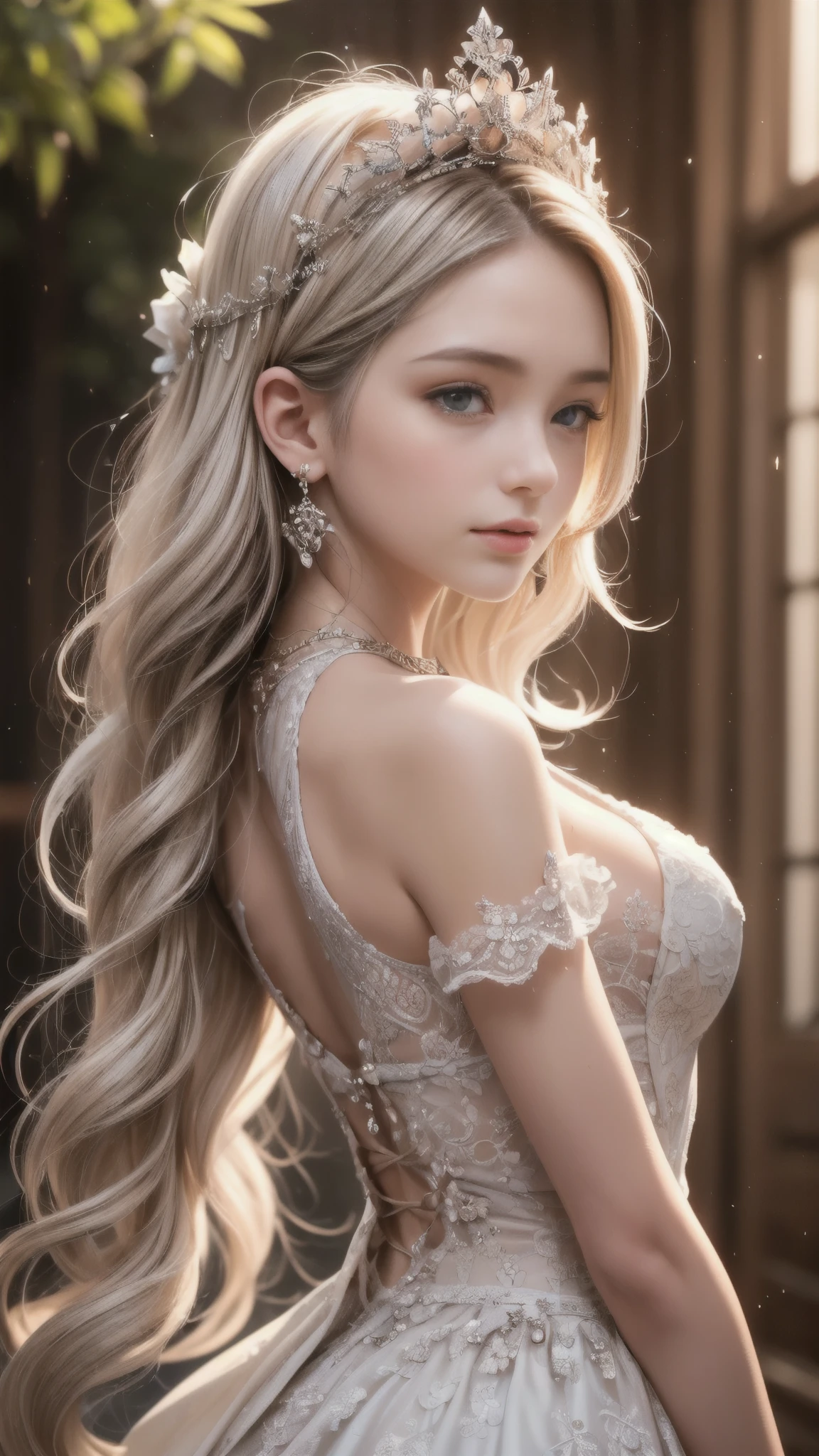 ((RAW shooting:1.5, realistic:1.5, 8K, highest quality, masterpiece, ultra high resolution)), Inside a luxurious British royal palace, professional camera work:1.3, Highly detailed skin and facial textures:1.3, glow light effect, Super detailed:1.3, cute 15 year old british princess, Fair skin, Glossy skin, (elegant:1.4, small face), Ultimate Cute Face:1.5, (cute eyes:0.9, looking far away), smile:1.0, (mouth slightly open:0.4, cute mouth:0.7), double eyelid, ((super long white blonde curly hair)), tiara, necklace and earrings, ((elegantで光沢のあるサテンのプリンセスドレスをオフショルダーで正しく着こなす方法)), big breasts, cowboy shot, ((sunrise, sunlight shining from behind:1.6, Strong sunlight spreads across the screen:1.6)), ((Strong sunlight shines on a woman:1.7))