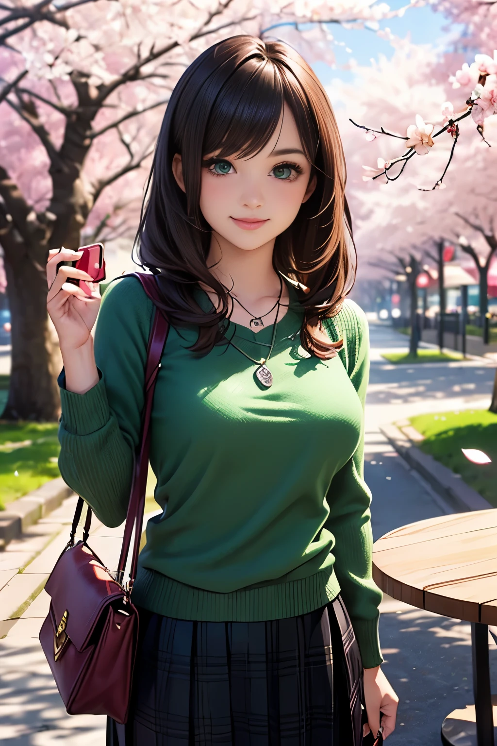 ((table top, highest quality, High resolution, nffsw, perfect pixel, written boundary depth, 4K, nffsw, nffsw))), 1 girl, single, alone, beautiful anime girl, beautiful art style, anime character, ((long hair, bangs, brown hair)), ((green eyes:1.4, round eyes, beautiful eyelashes, realistic eyes)), ((detailed face, blush:1.2)), ((smooth texture:0.75, realistic texture:0.65, realistic:1.1, Anime CG style)), dynamic angle, ((throw, Selfie Pose, portrait)), ((Black sweater, long sleeve, black skirt, plaid skirt, Fashionable, 1 diamond necklace)), smile, amusement park, ((cherry blossoms, cherry blossomsの花が散る))