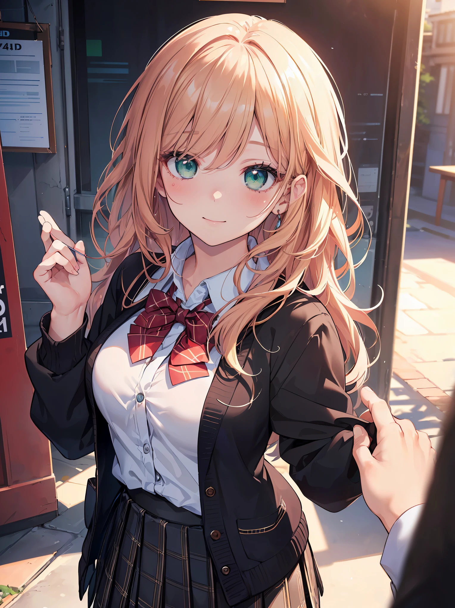 ((masterpiece, best quality, highres, UHD, perfect pixel, depth of field, 4k, RTX, HDR))), 1girl, single, solo, beautiful anime girl, beautiful artstyle, anime character, ((long hair, bangs, brown hair, curly hair:0.5)), ((green eyes:1.4, rounded eyes, beautiful eyelashes, realistic eyes)), ((detailed face, blushing:1.2)), ((smooth texture:0.75, realistic texture:0.65, photorealistic:1.1, anime CG style)), medium breasts, dynamic angle, perfect body, ((portrait, pov)), ((red bowtie, school uniform, black jacket, open jacket, brown cardigan, white shirt, black skirt, plaid skirt)), smile, hands up, amusement park
