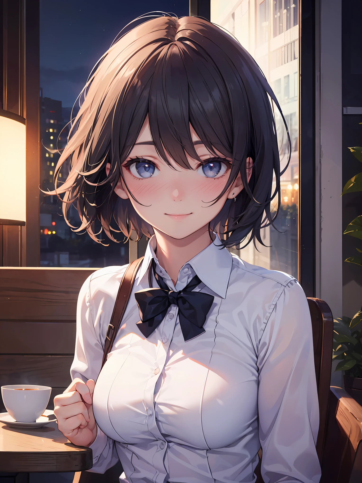 (8k, RAW photo, best quality, masterpiece:1.2), (realistic, photo-realistic:1.37), ultra-detailed,
1 girl,cute, solo,beautiful detailed sky,detailed cafe,night,sitting,dating,(nose blush),(smile:1.1),(closed mouth),large breasts, seductive smile, large aparture, professional lighting, Sony A7R4, Zessie 50mm F1.8,
medium breasts,beautiful detailed eyes,(collared shirt:1.1), bowtie,pleated skirt,(short hair:1.2),floating hair